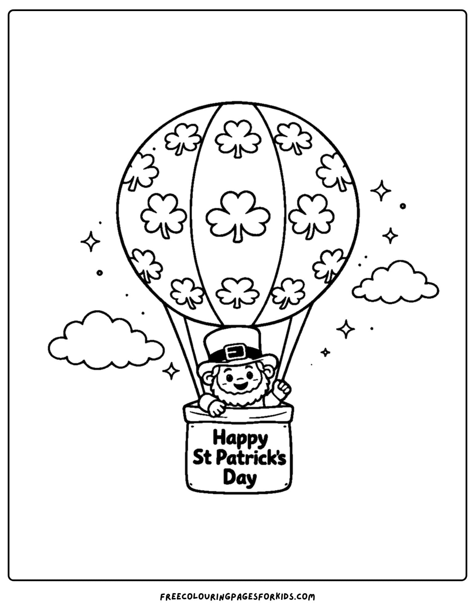 a st patricks day themed coloring page showing a leprechaun in a hot air balloon