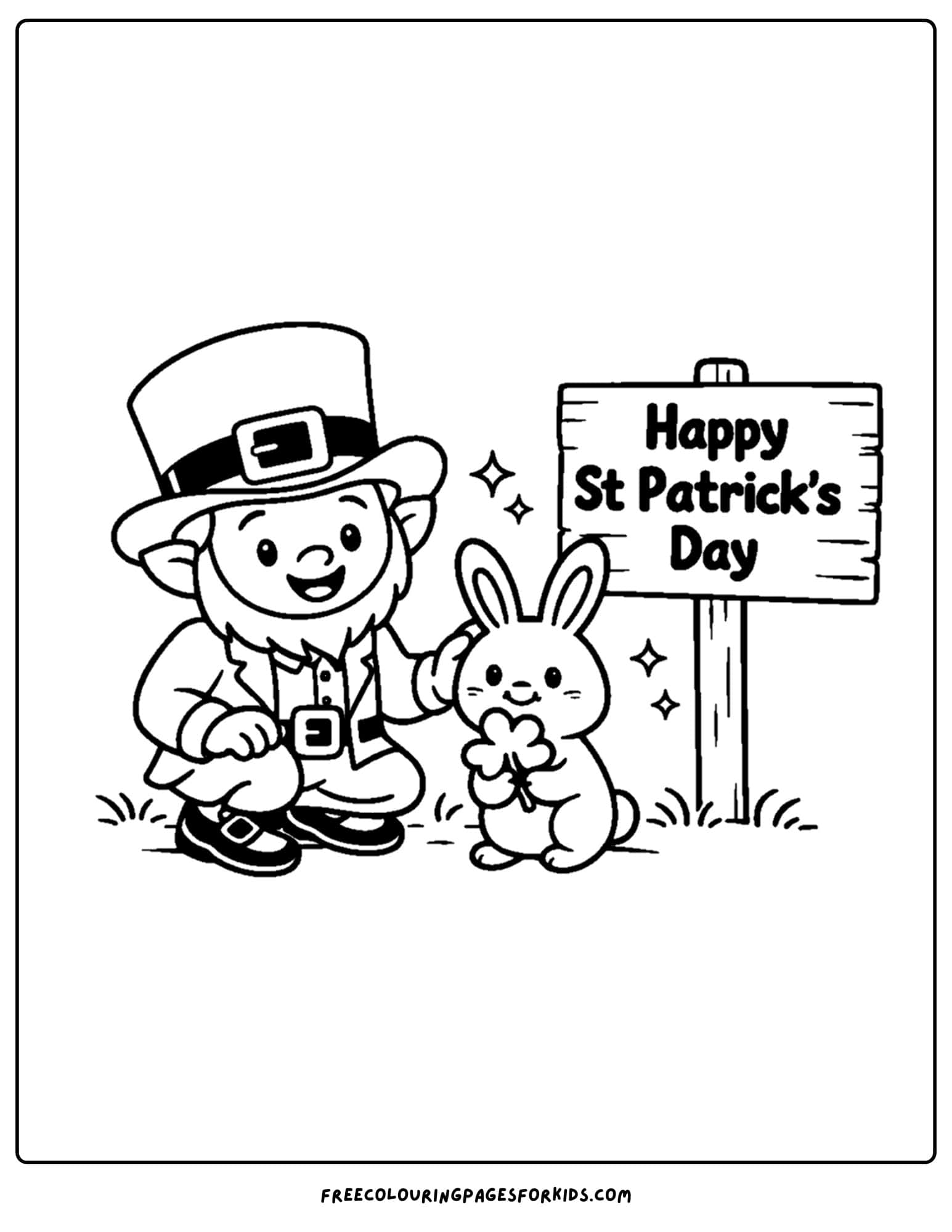 a st patricks day themed coloring page showing a leprechaun and a rabbit