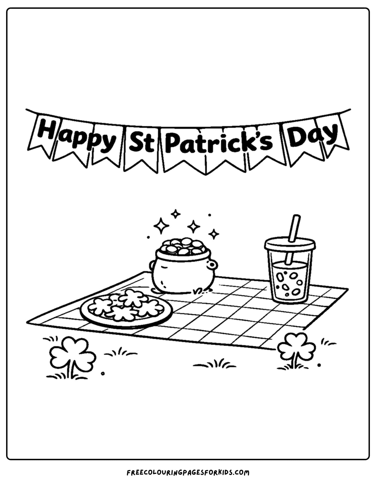 a st patricks day themed coloring page showing a fun picnic setting