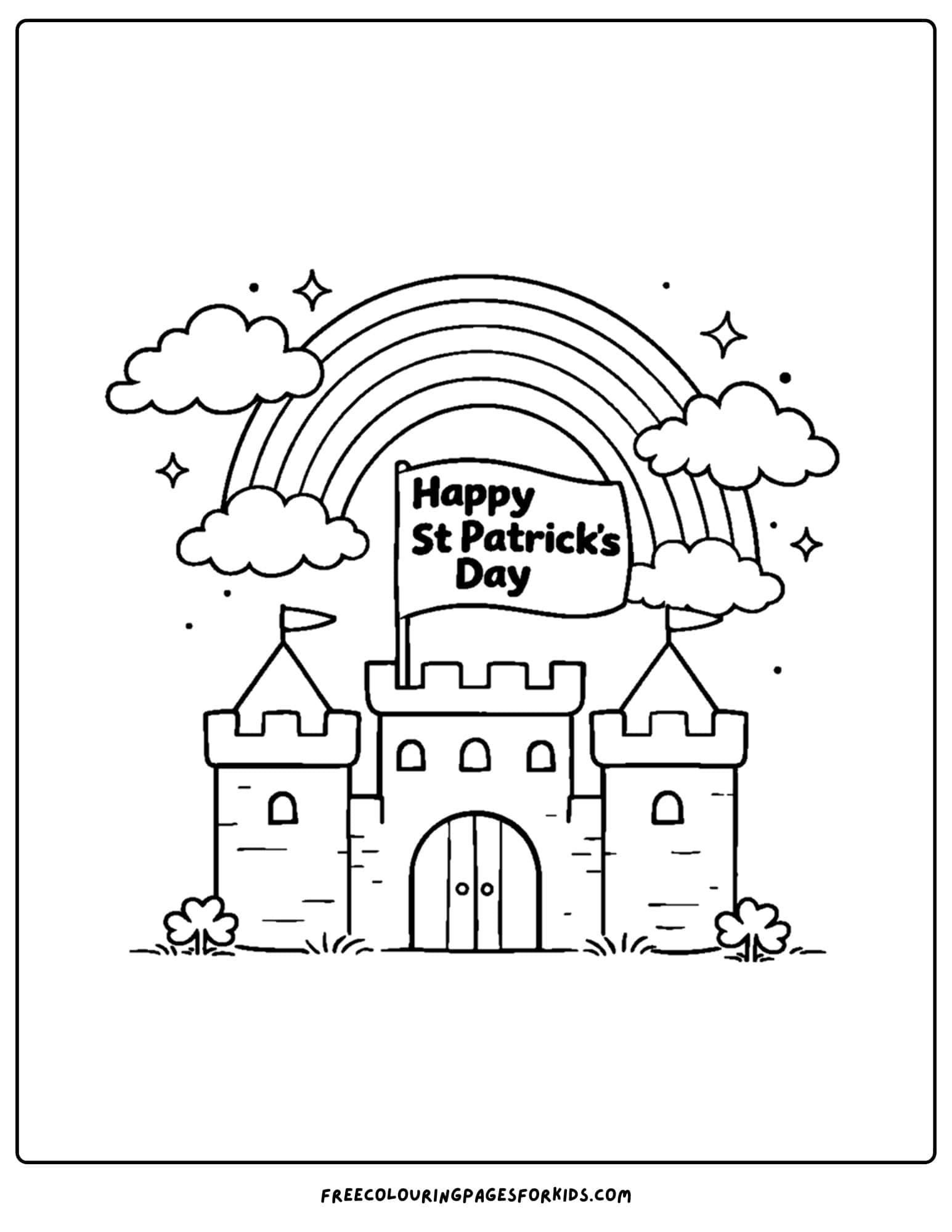 a st patricks day themed coloring page showing a rainbow over a castle