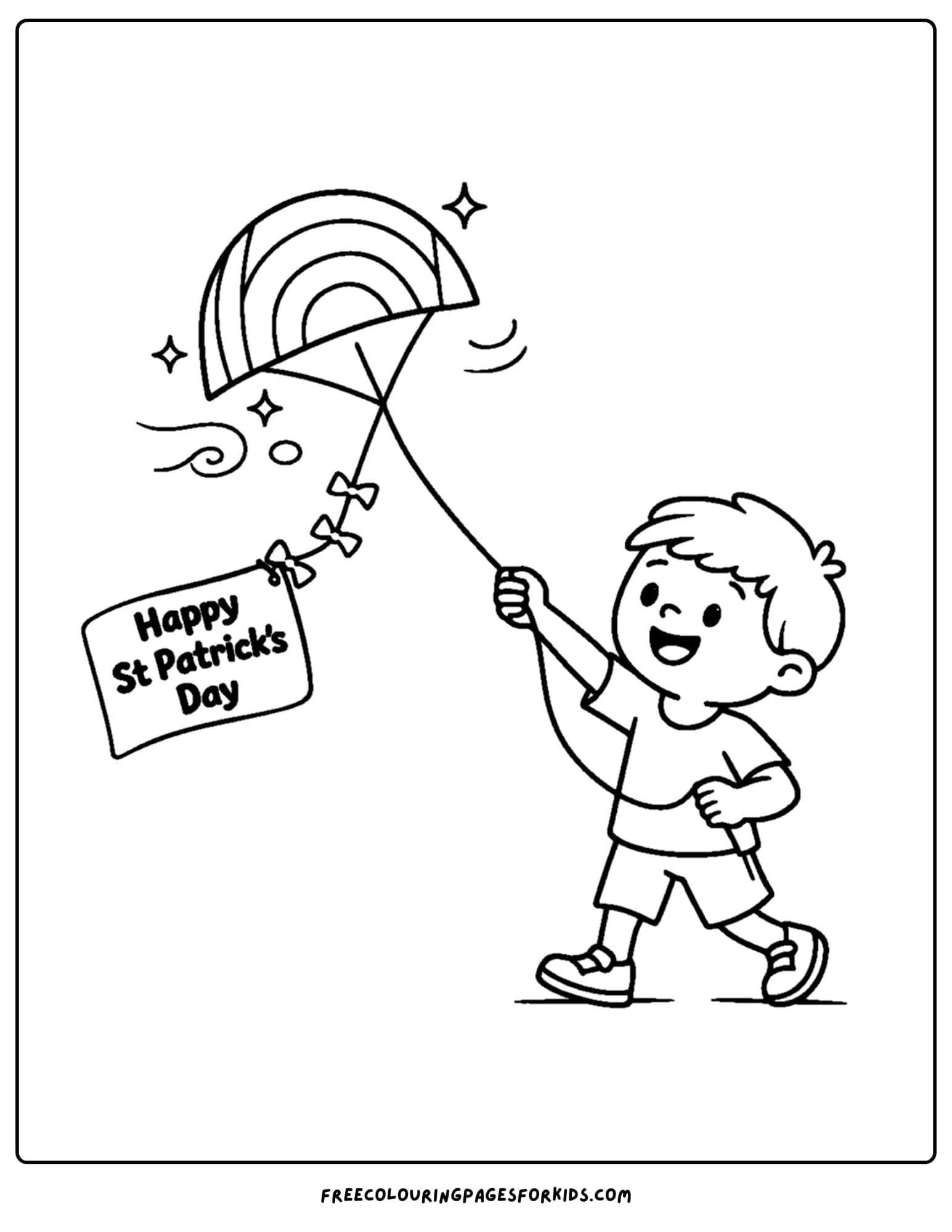 a st patricks day themed coloring page showing a child flying a kite