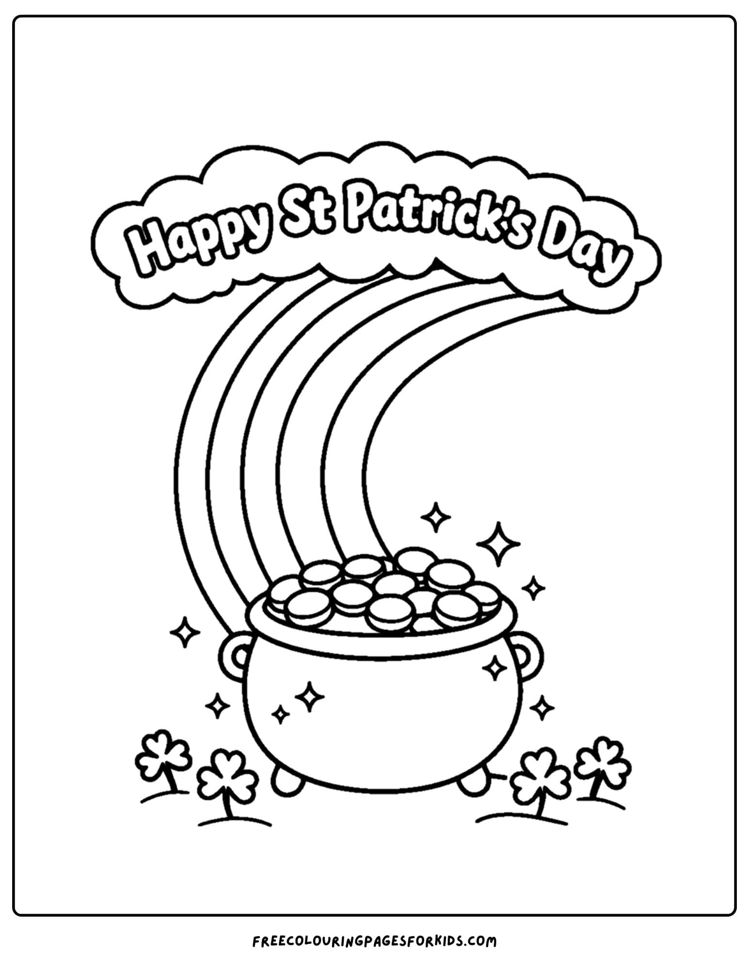 a st patricks day themed coloring page showing a pot of gold at the end of a rainbow