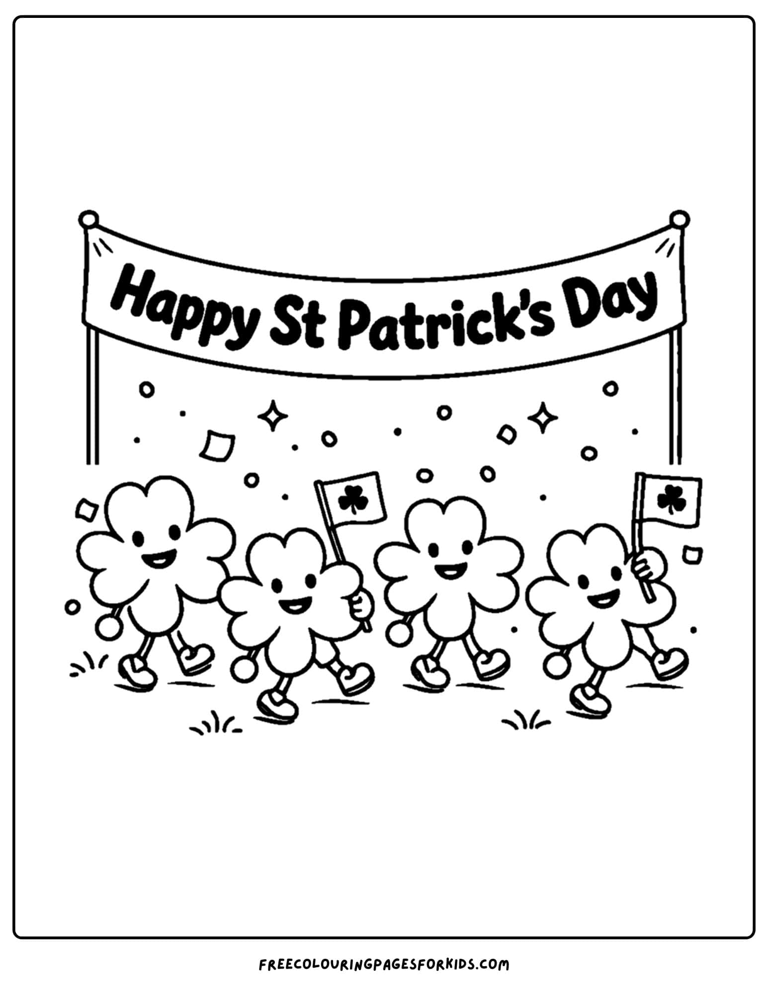 a st patricks day themed coloring page showing a parade full of shamrock characters