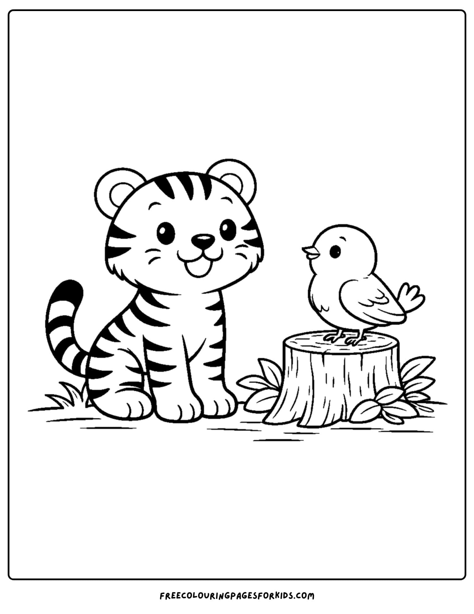 a coloring page of a tiger sitting with a bird