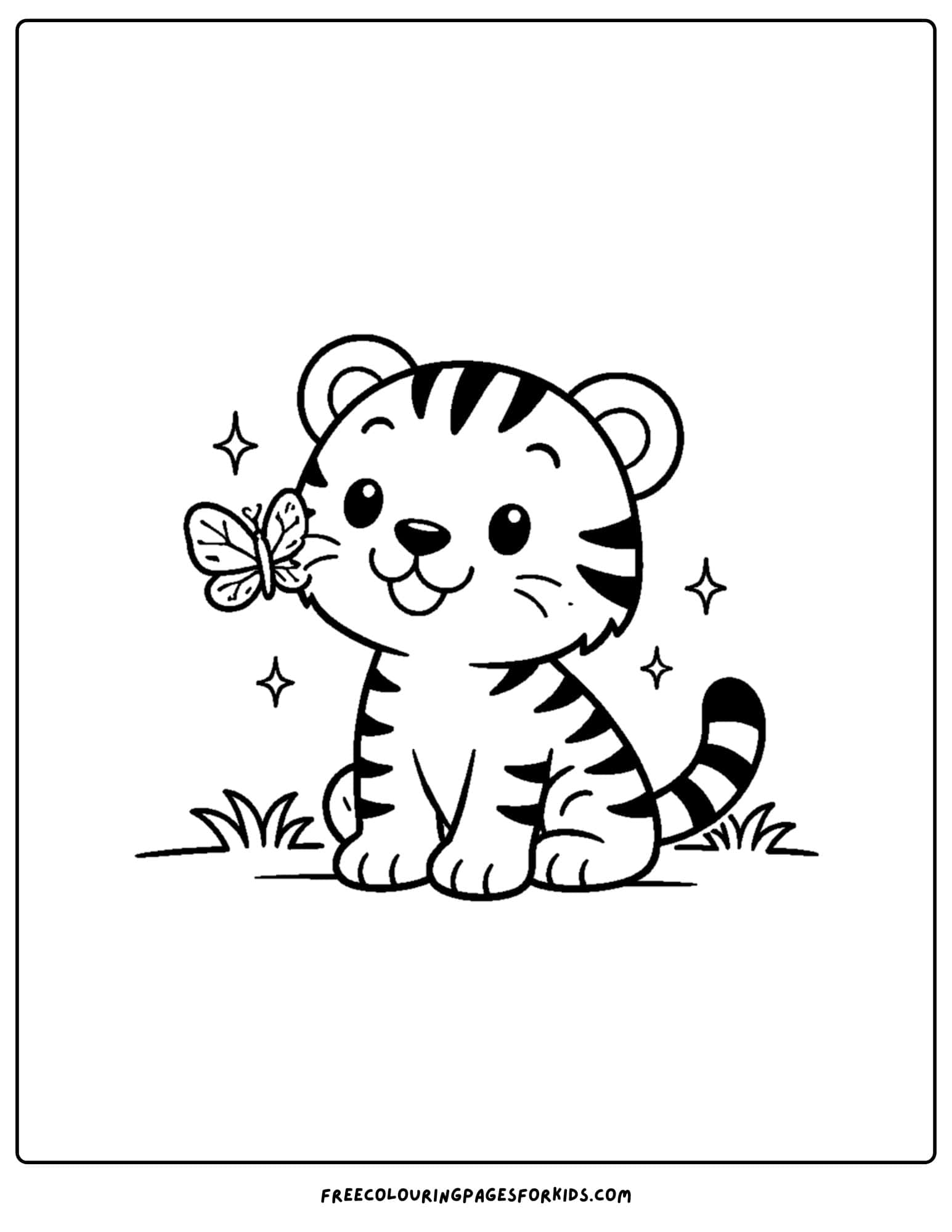a coloring page of a tiger cub playing with a butterfly