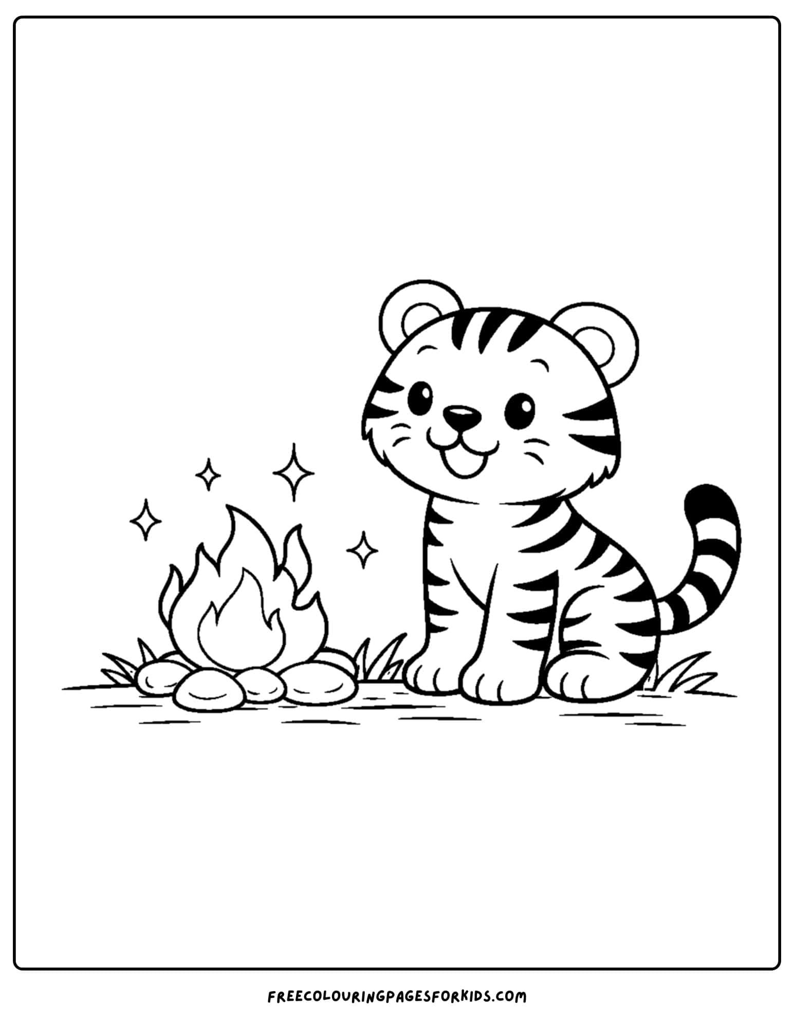 a coloring page of a tiger beside a camp fire