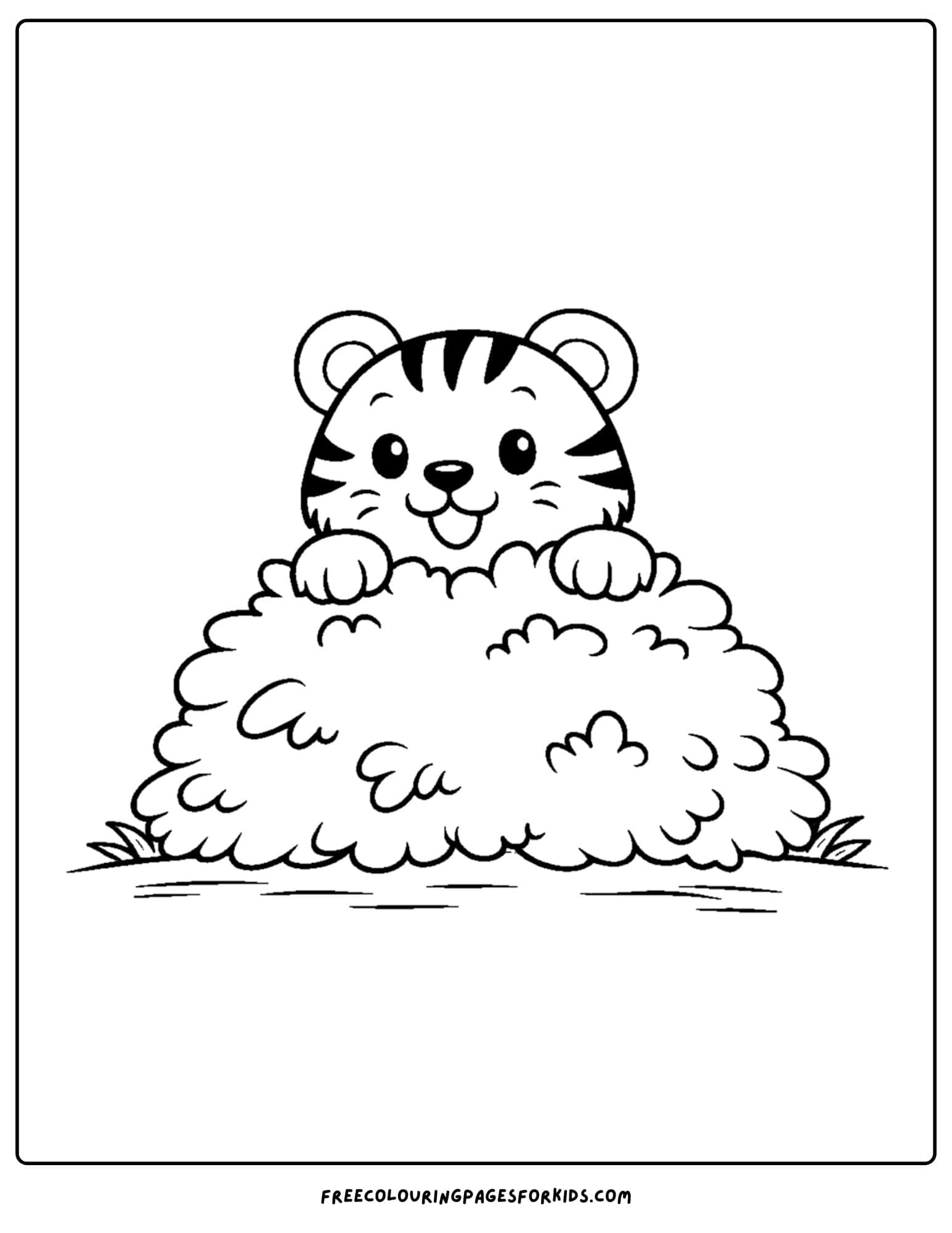a coloring page of a tiger hiding in a pile of leaves