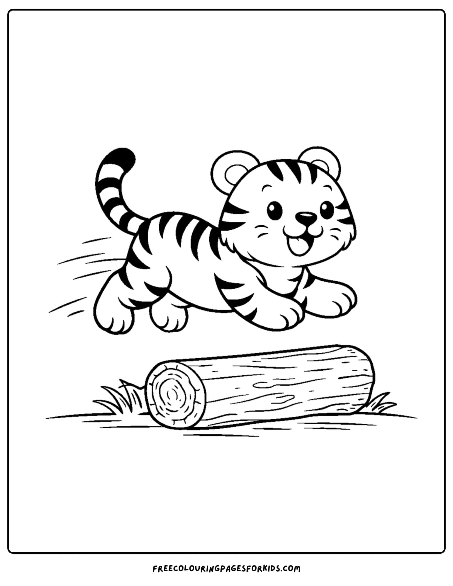 a coloring page of a tiger jumping over a log