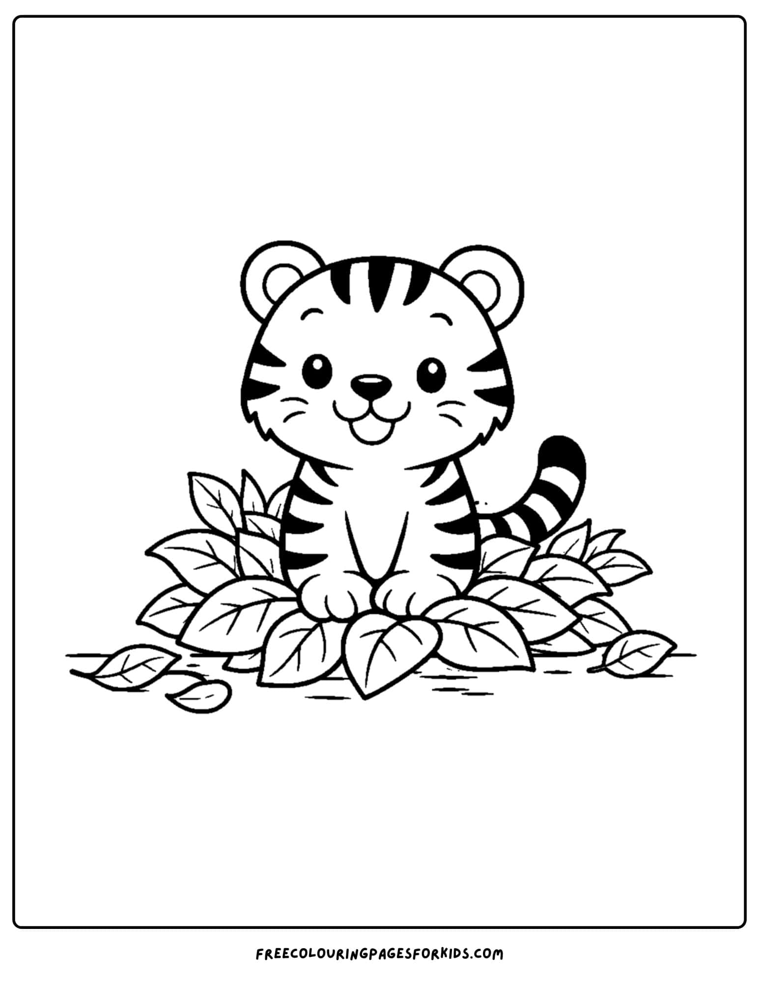 a coloring page of a tiger sitting on a pile of leaves