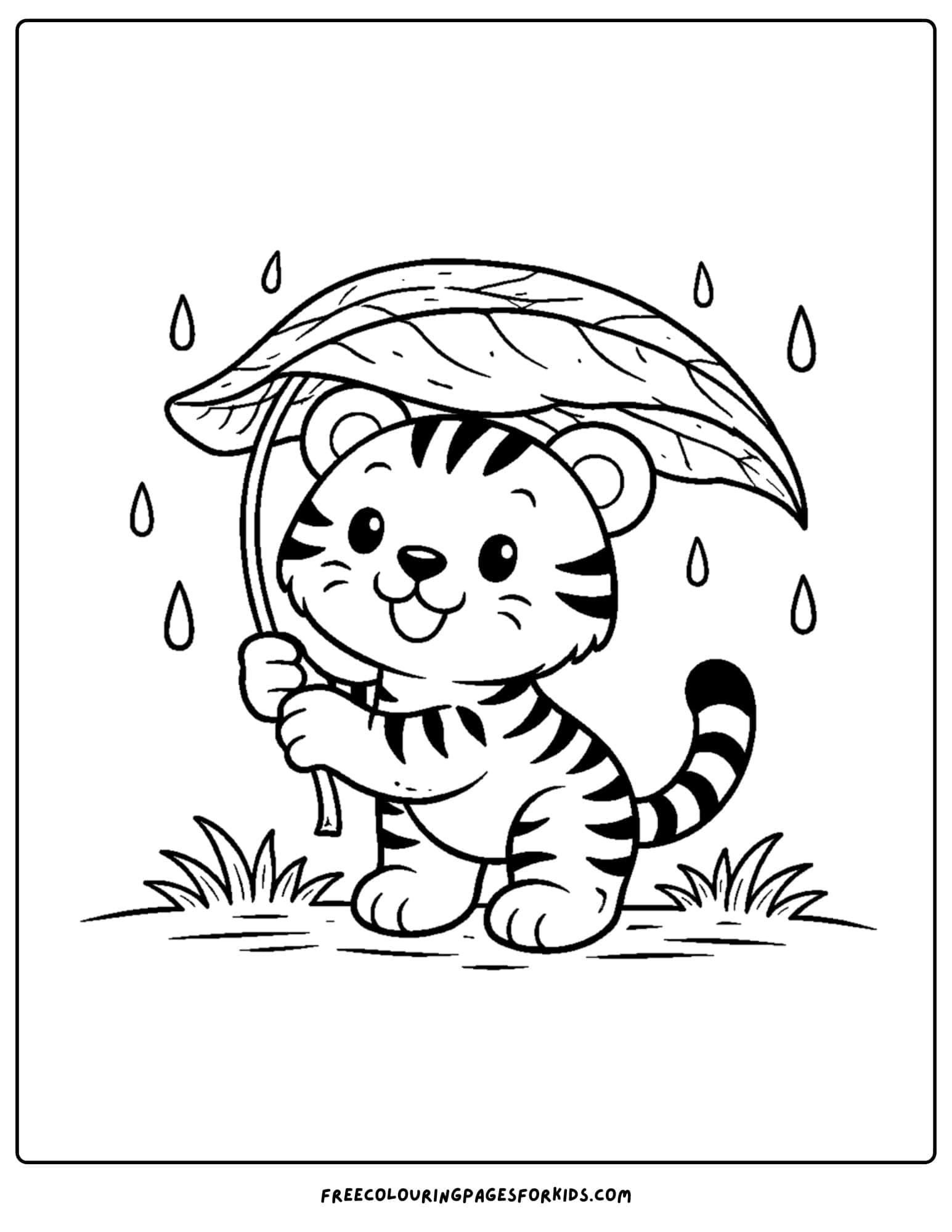 a coloring page of a tiger using a big leaf as an umbrella