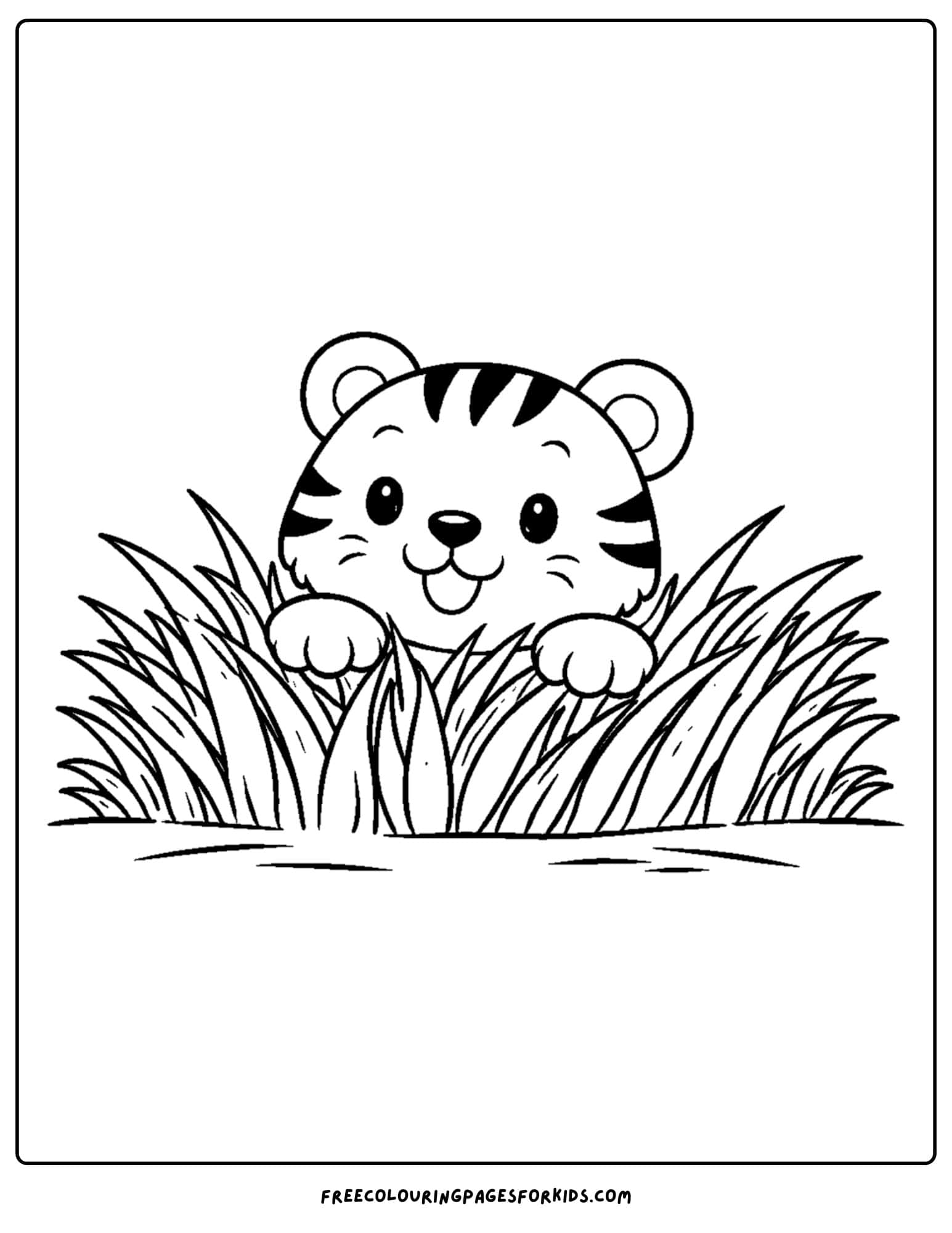 a coloring page of a tiger peeking out of long grass