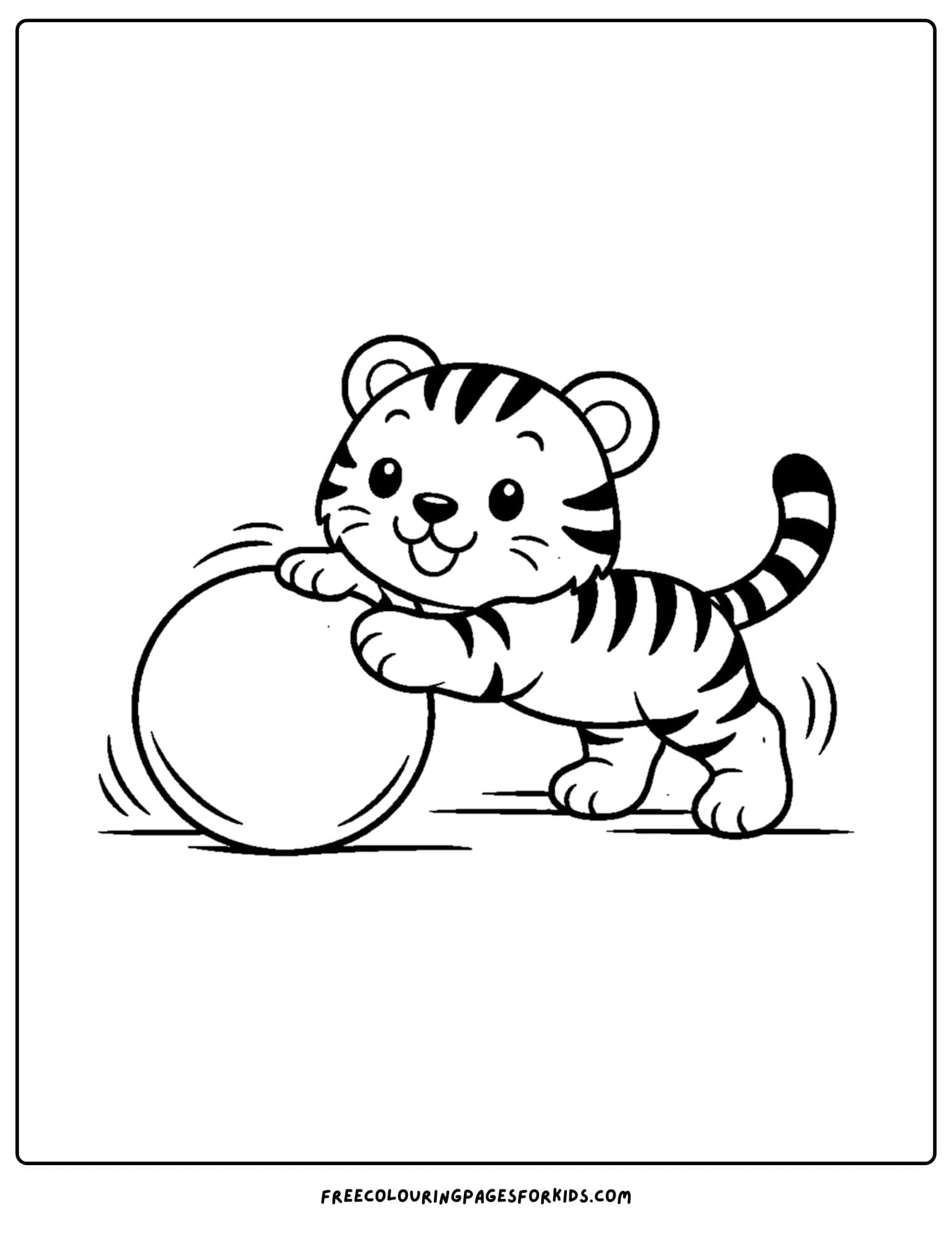 a coloring page of a tiger cub rolling a ball