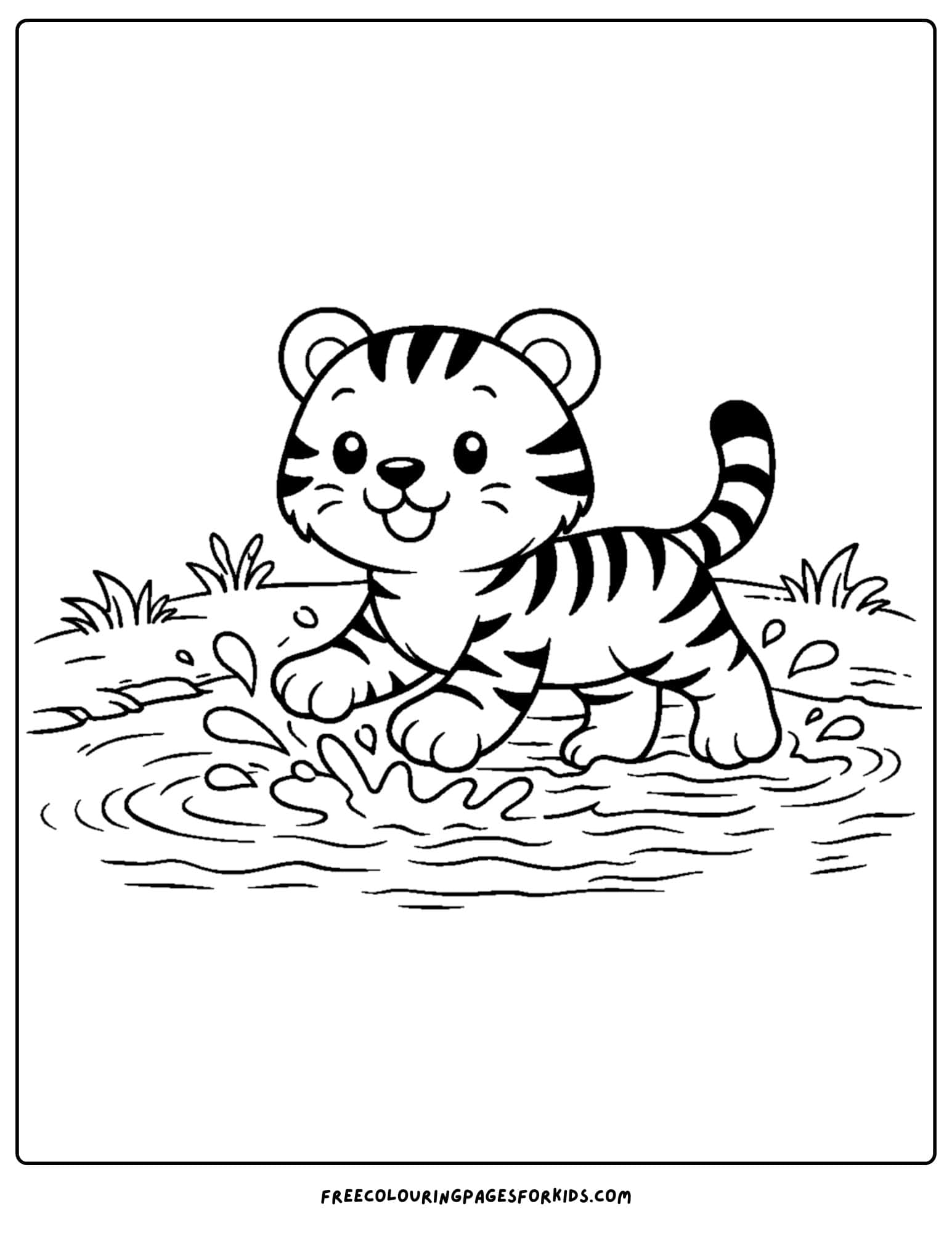 a coloring page of a tiger splashing in a stream of water