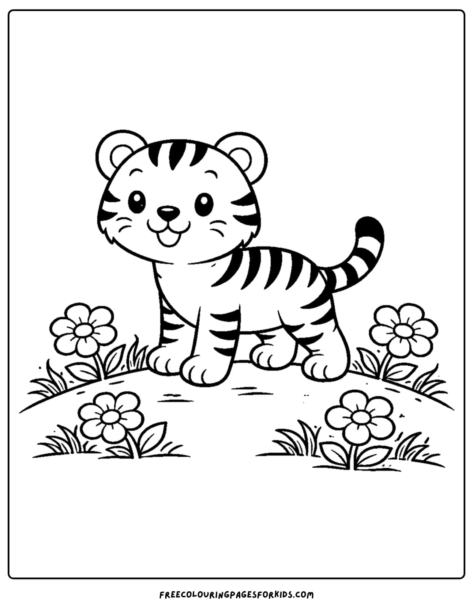 a coloring page of a tiger standing amongst some flowers