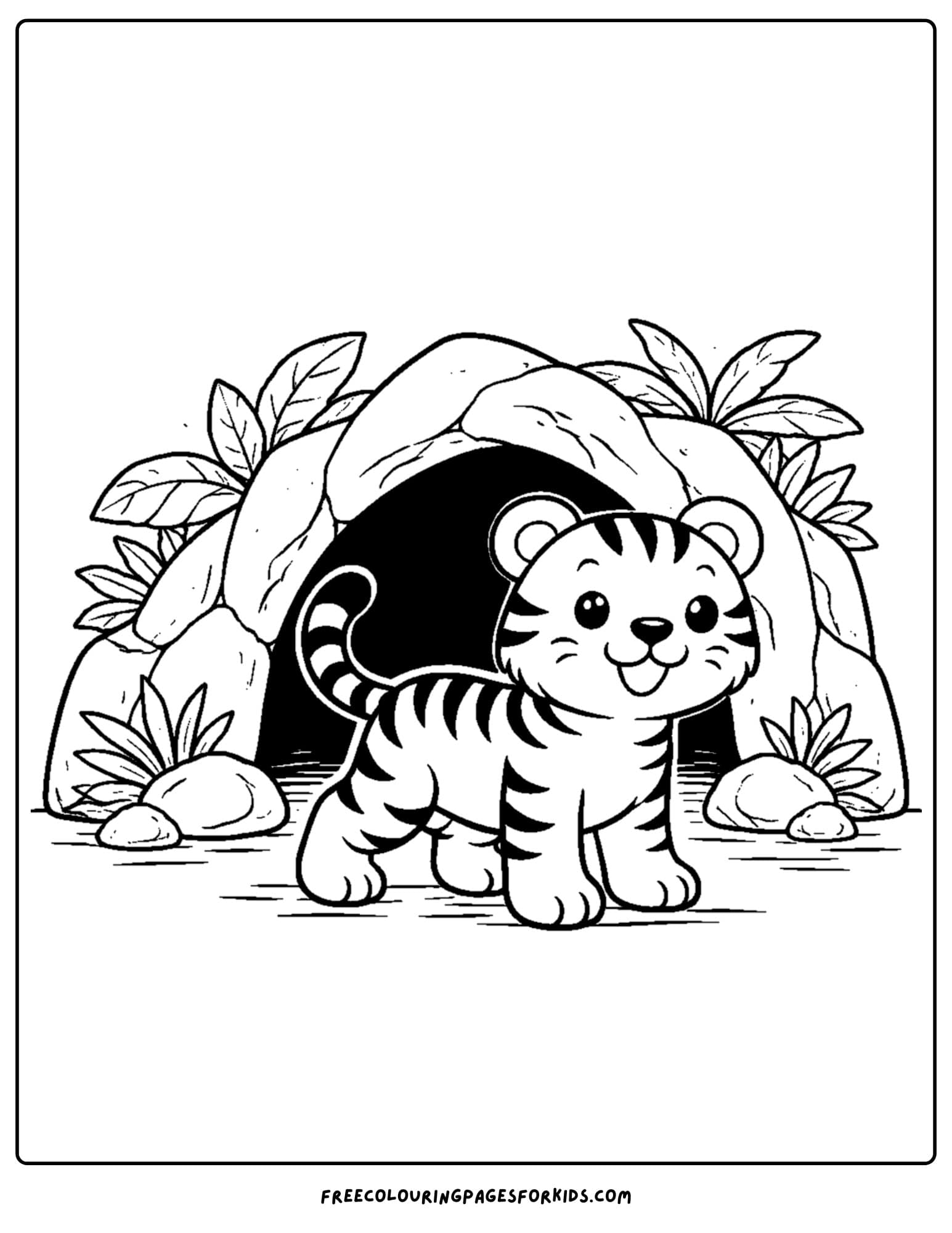 a coloring page of a tiger coming out of a jungle cave