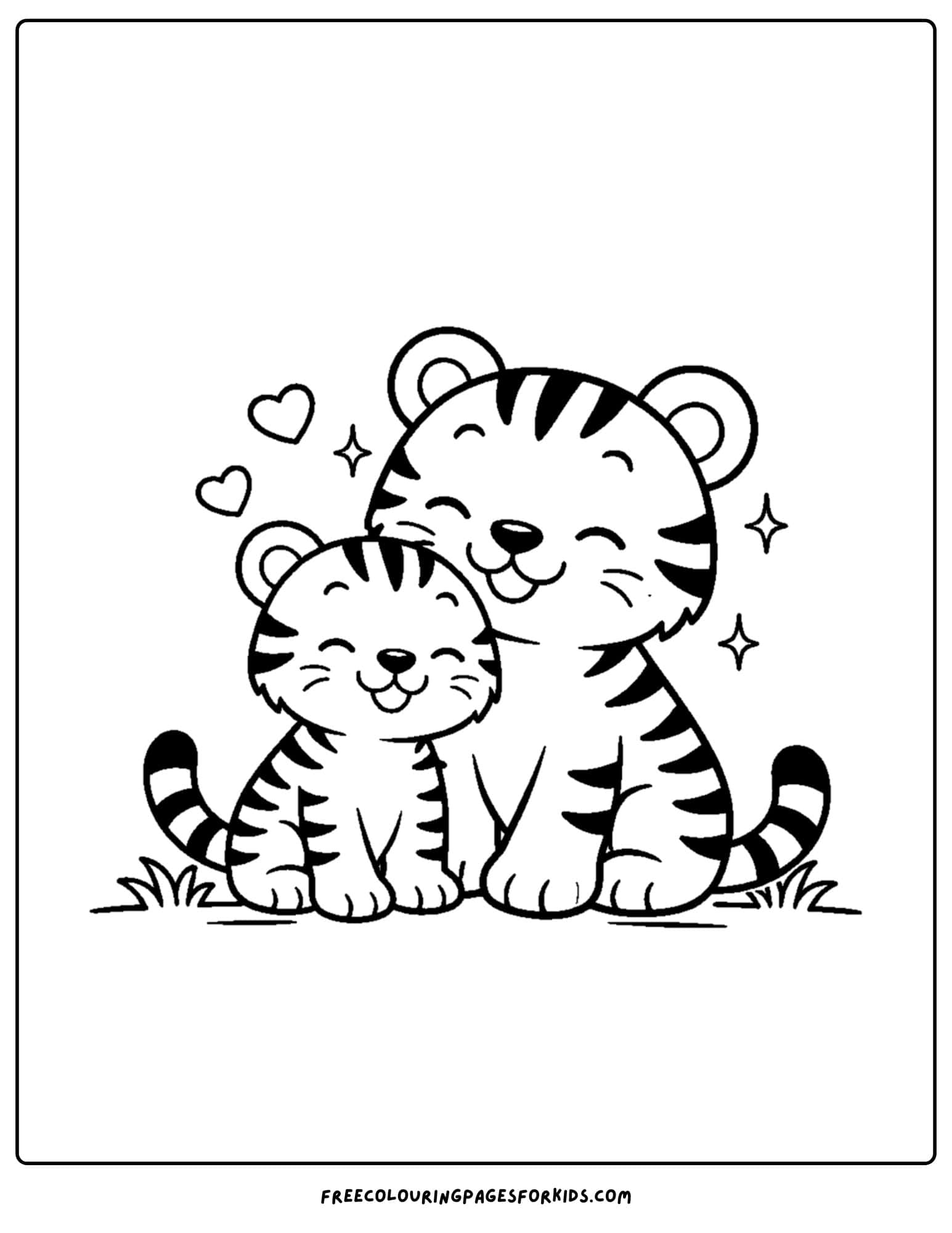 a coloring page of a tiger cuddling with its cub