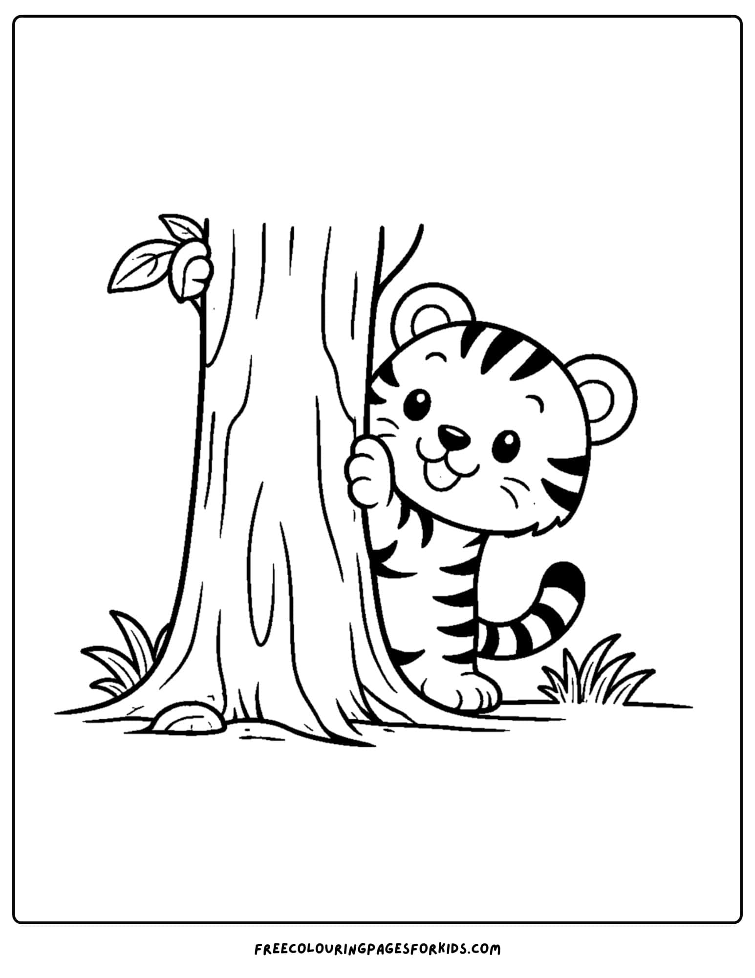 a coloring page of a tiger peeking from behind a tree