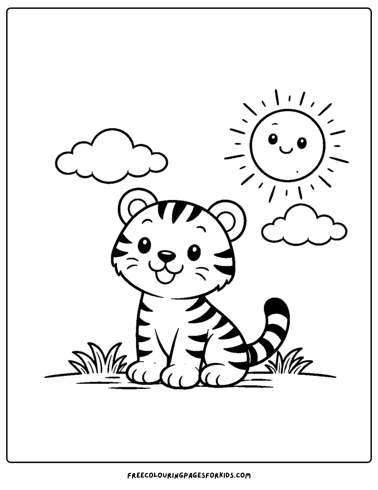 a coloring page of a tiger sitting under the sun