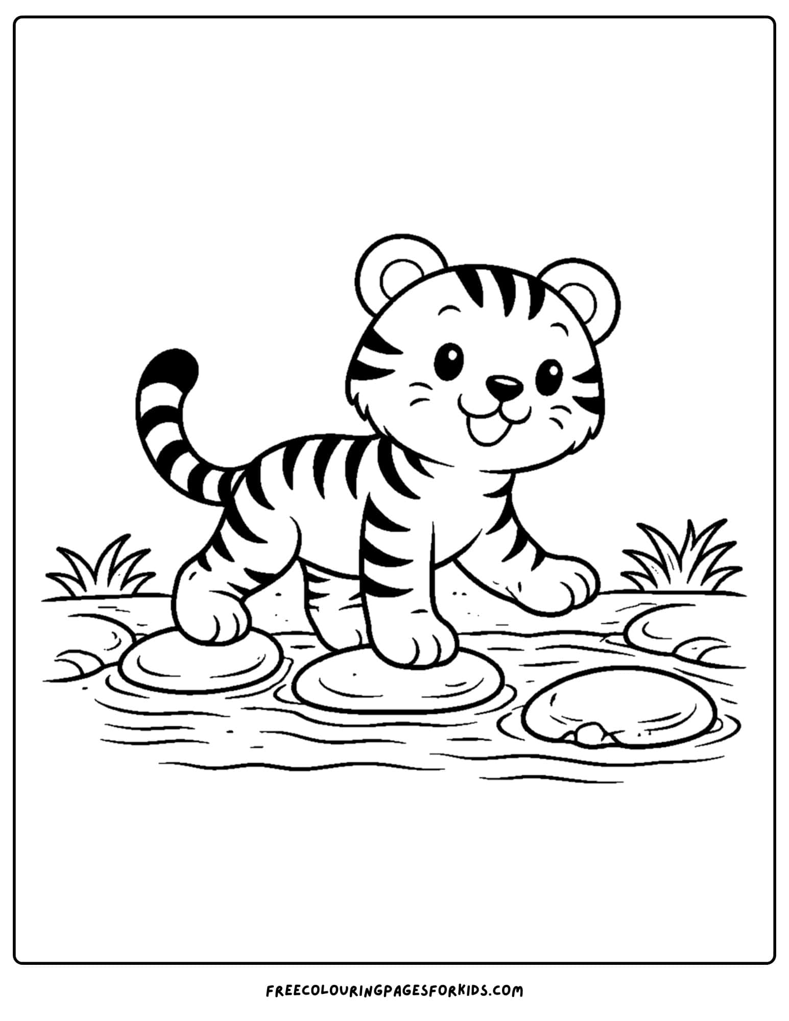 a coloring page of a tiger walking over a river on stone steps