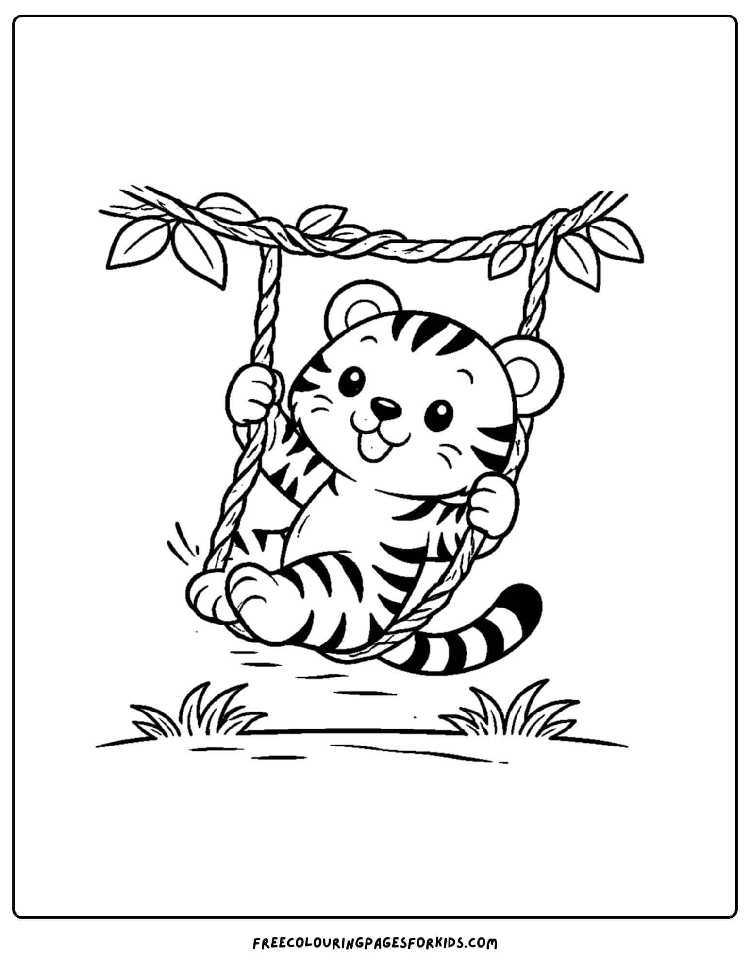 a coloring page of a tiger swinging on a vine swing