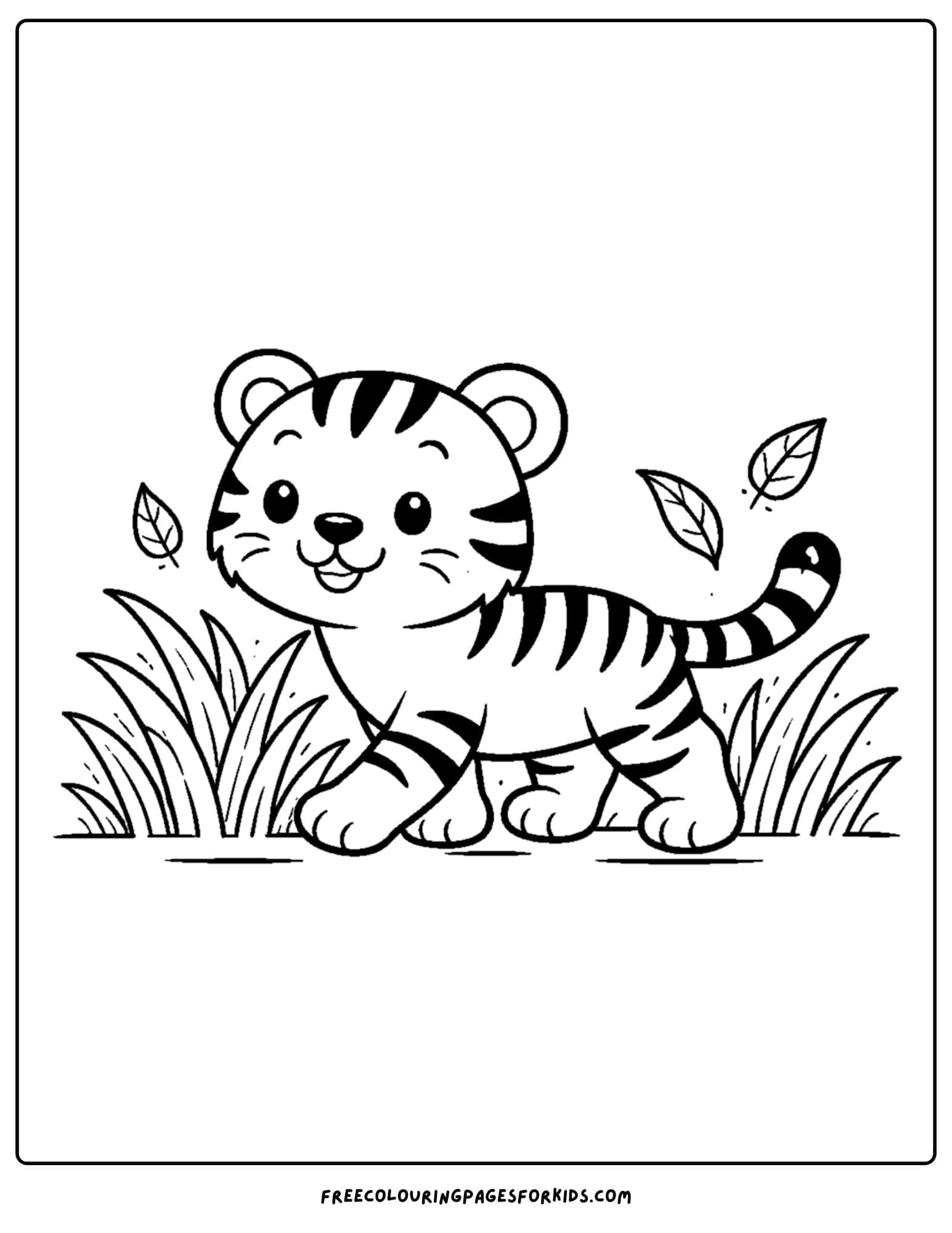 a coloring page of a tiger walking in tall grass