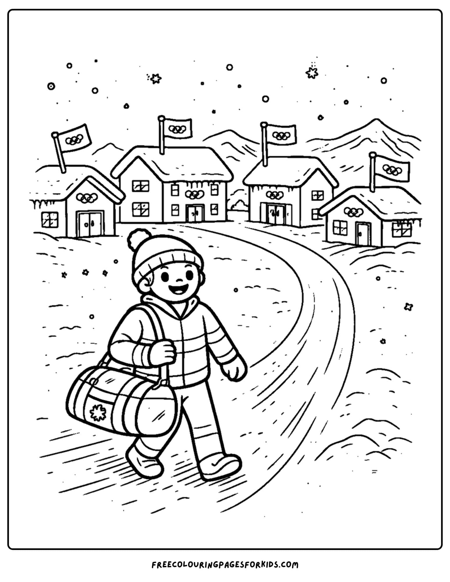 a winter olympics coloring page of the olympic village and an athlete walking in with their gear