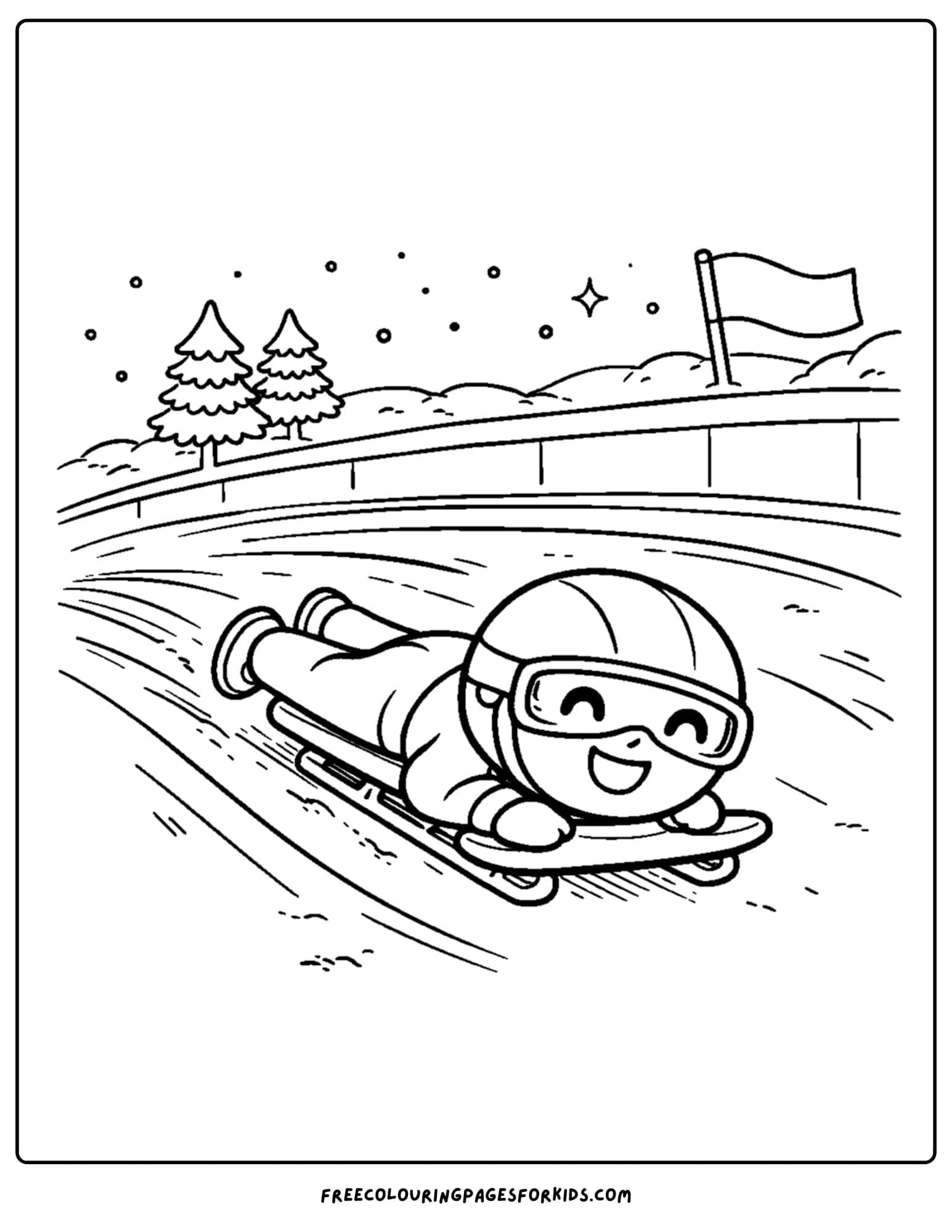 a winter olympics coloring page of a skeleton racer going down the track