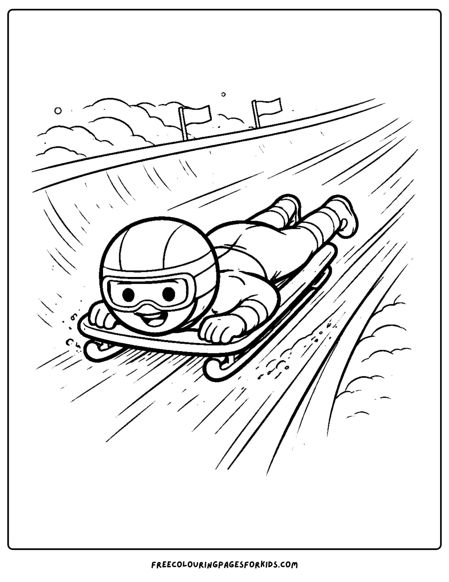 a winter olympics coloring page of a skeleton racer going down the track