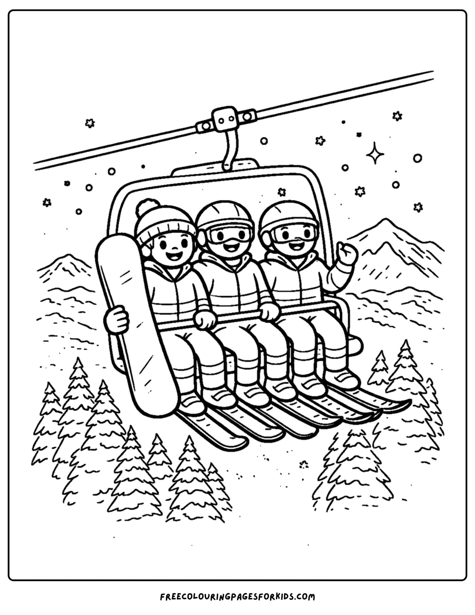 a winter olympics coloring page of athletes on a ski lift