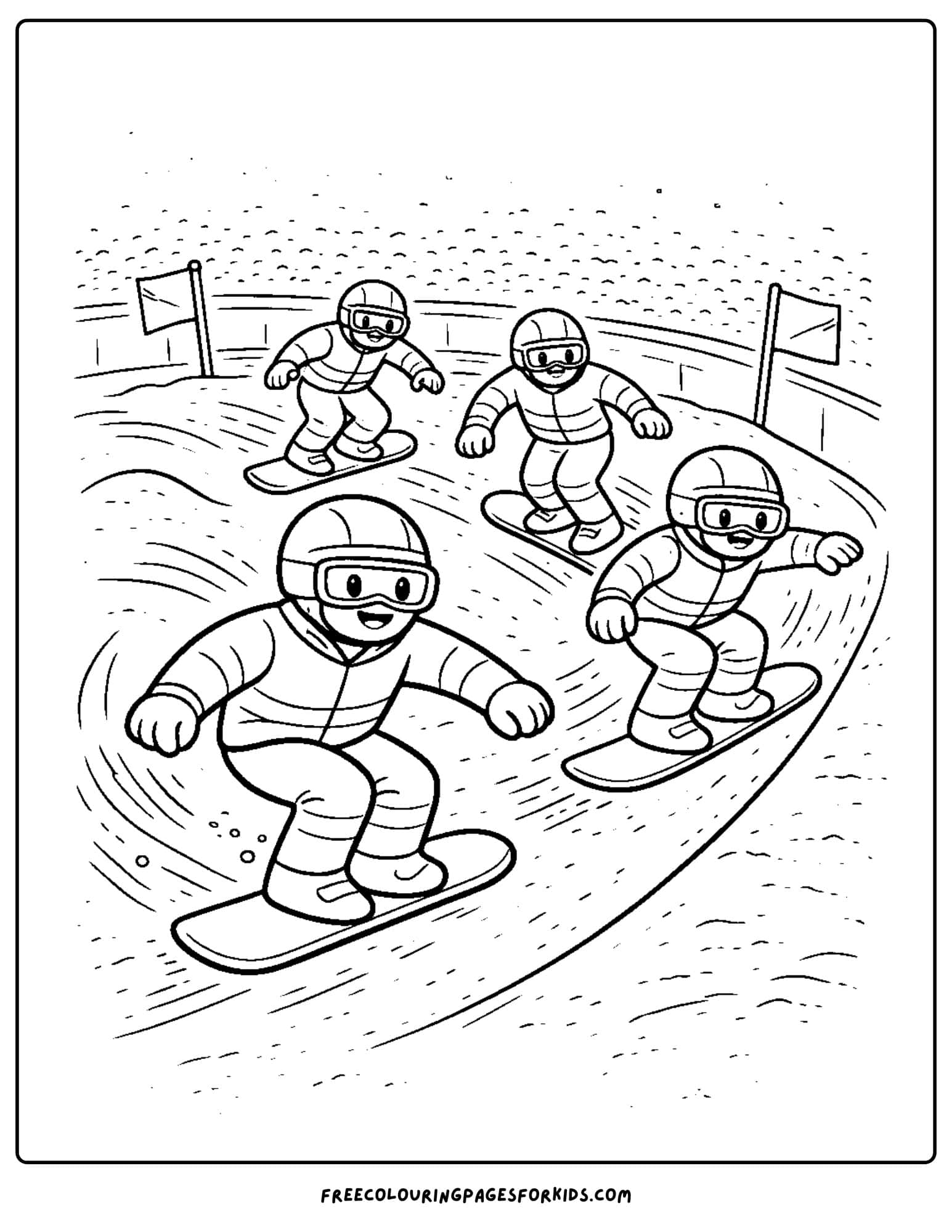 a winter olympics coloring page of a snowboard cross race