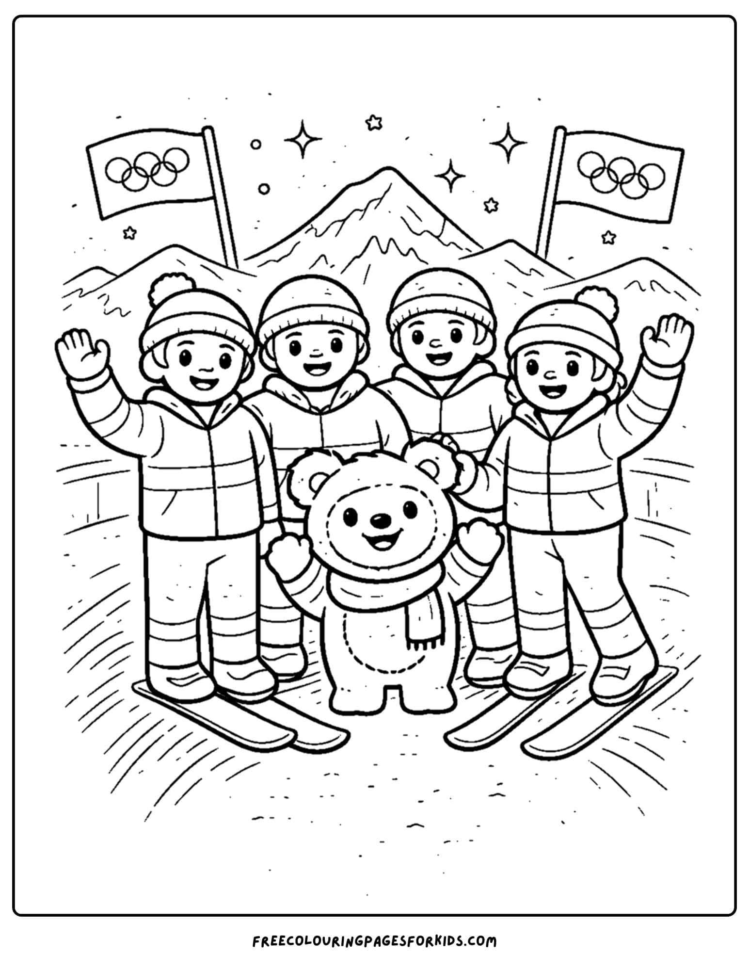 a winter olympics coloring page of an olympic team and their mascot