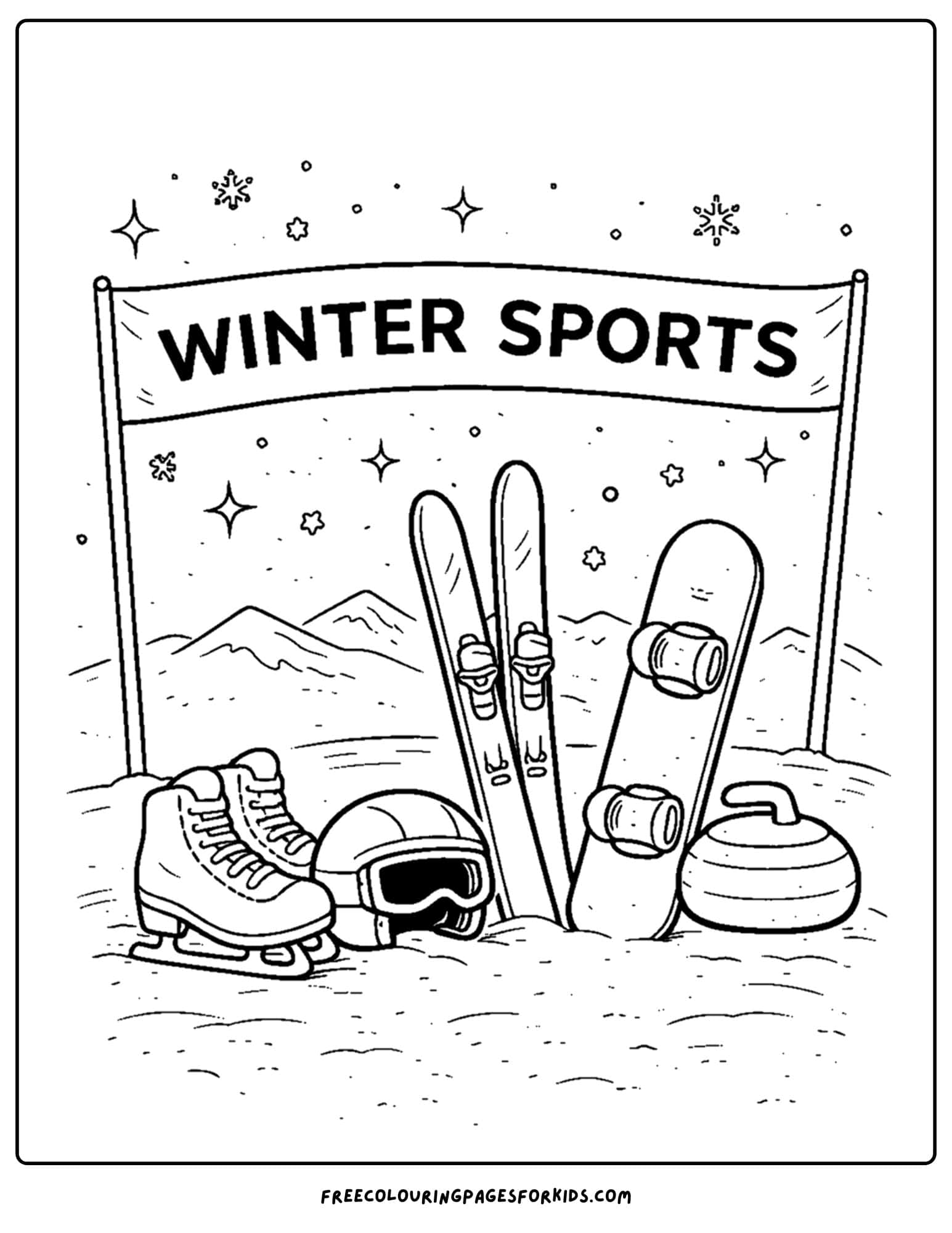 a winter olympics coloring page of some winter sports gear lined up under a banner