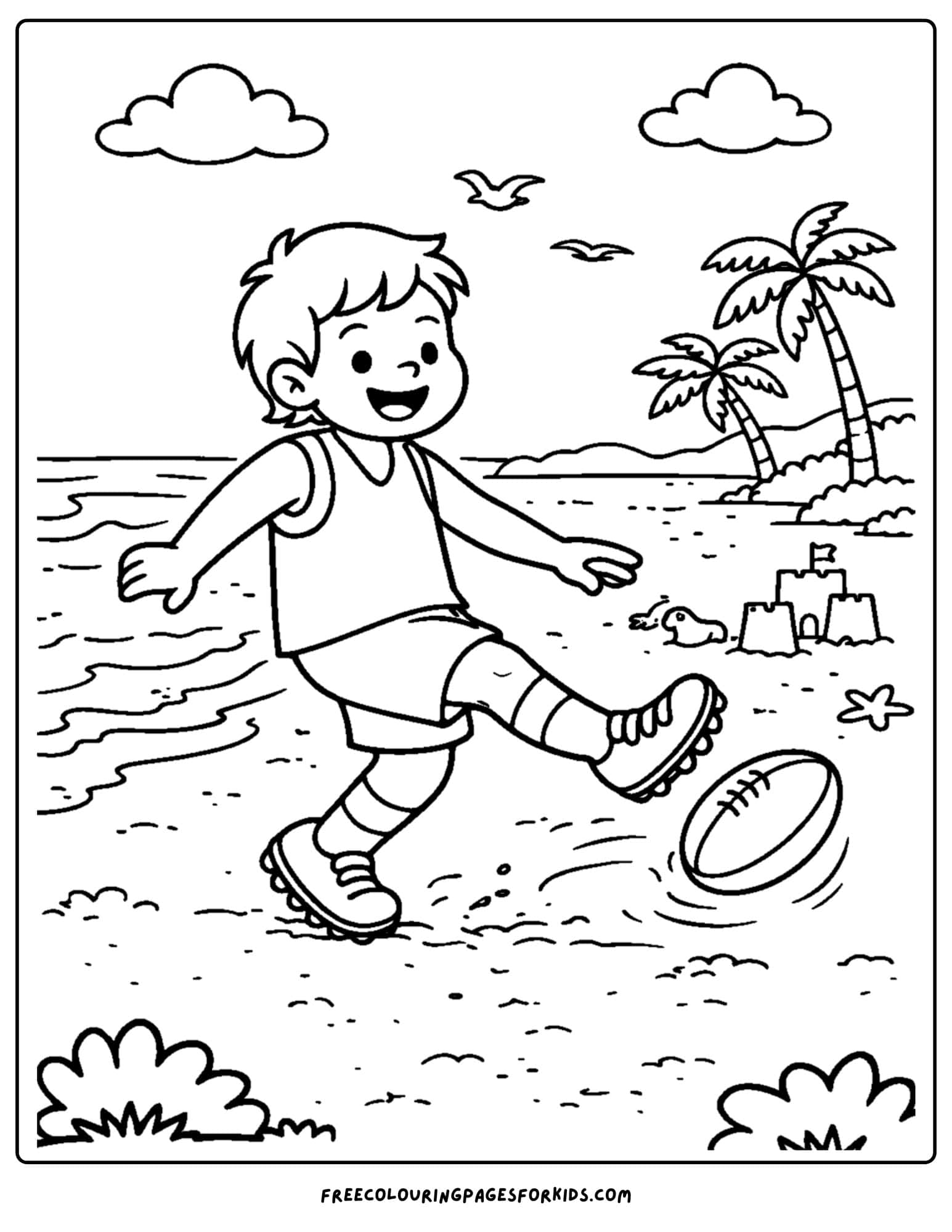 an afl football coloring page showing a child playing footy at the beach