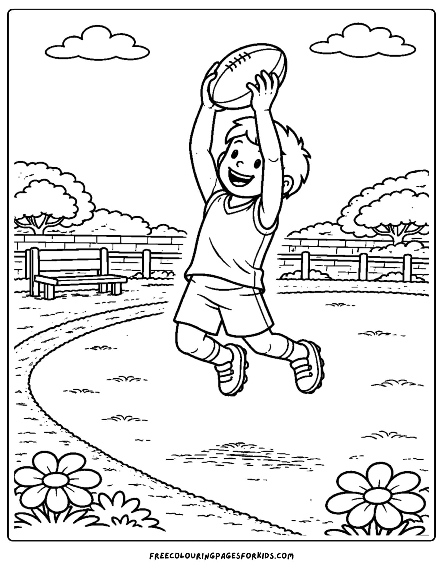 an afl football coloring page showing a player taking a big mark overhead