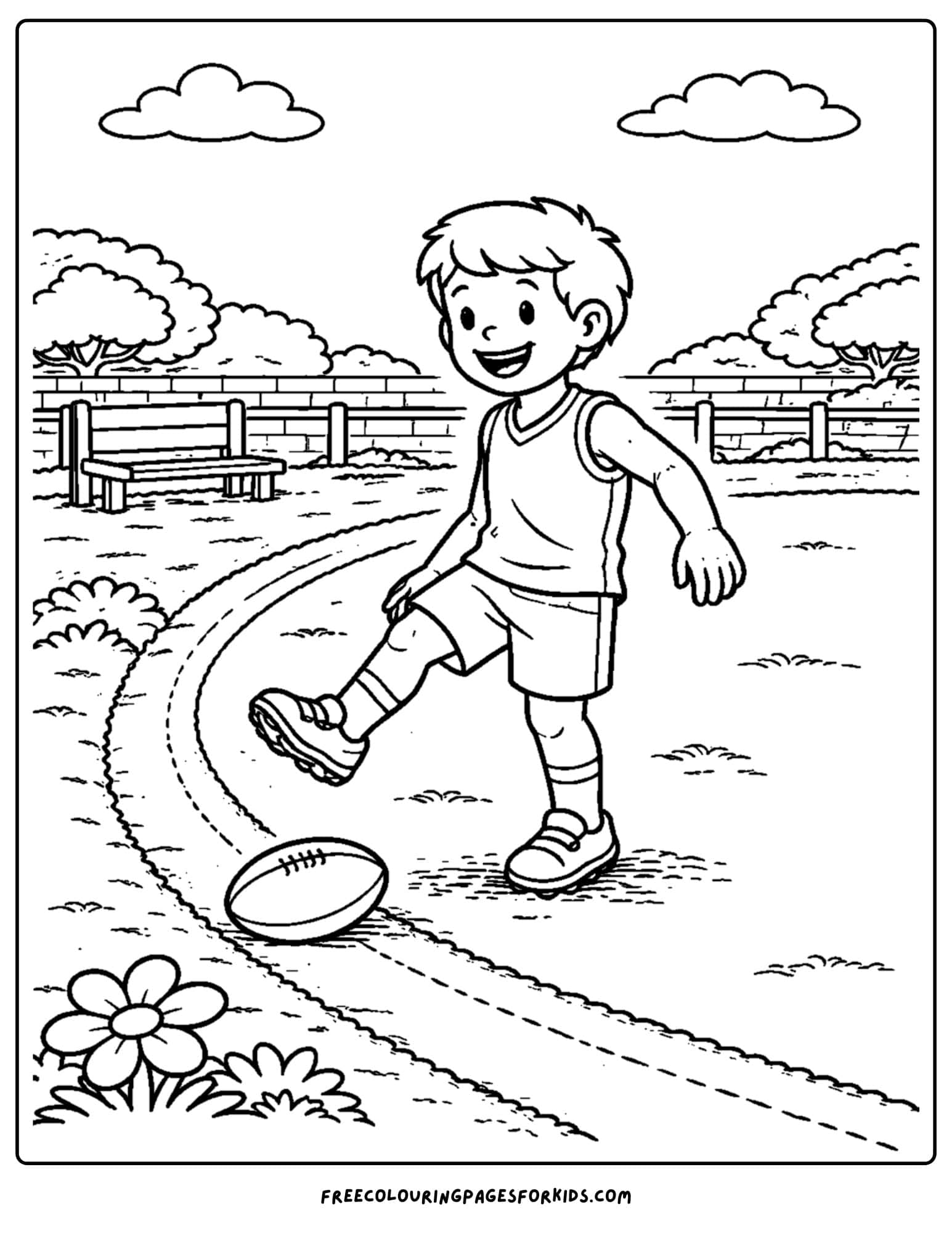 an afl football coloring page showing a player kicking the ball over the boundary line
