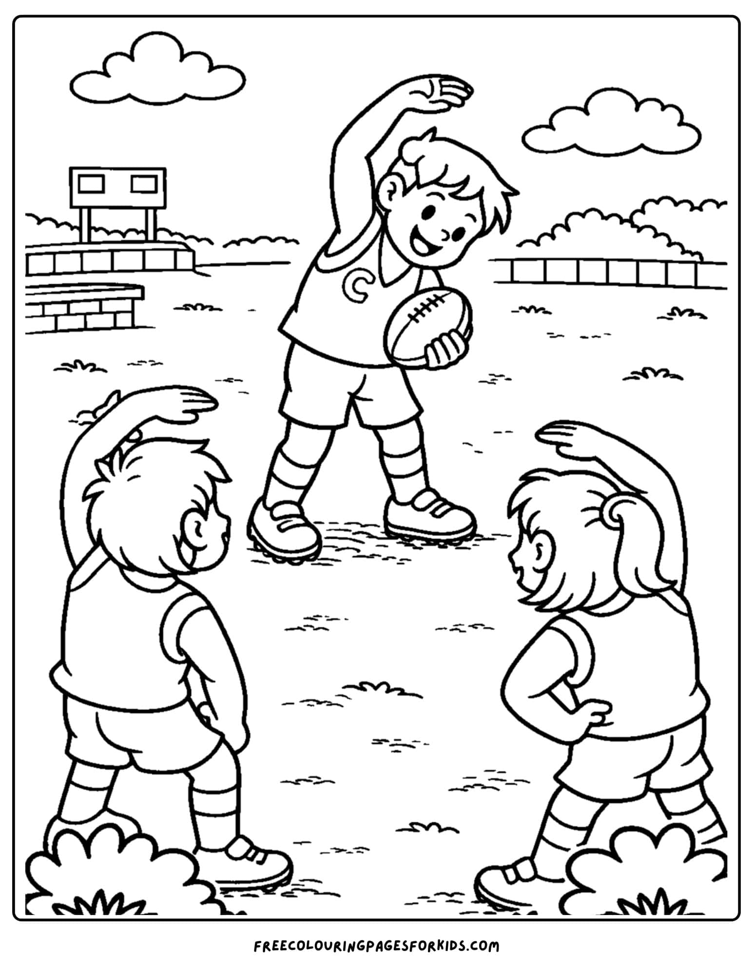 an afl football coloring page showing the captain running some warmup stretches
