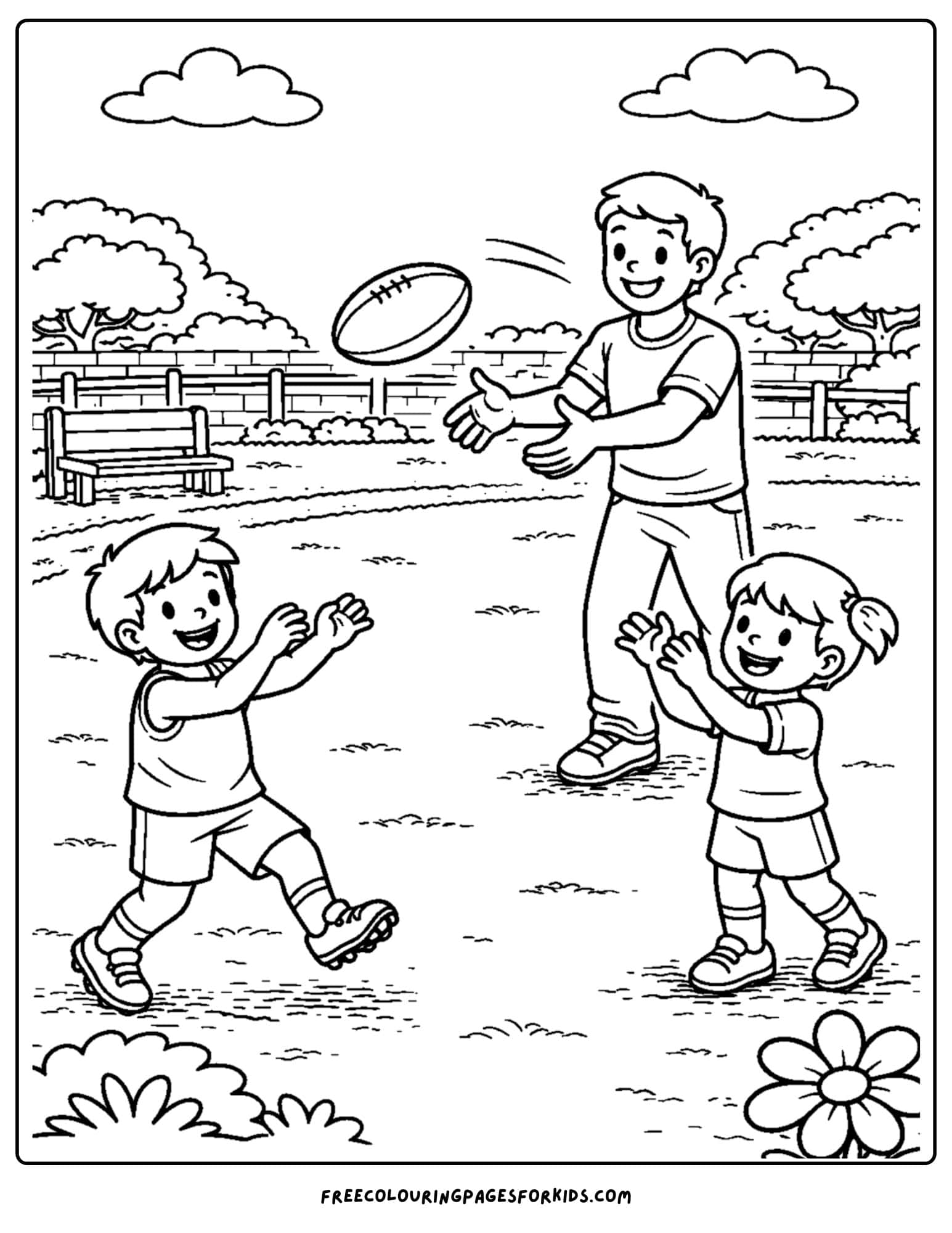 an afl football coloring page showing a family playing football together