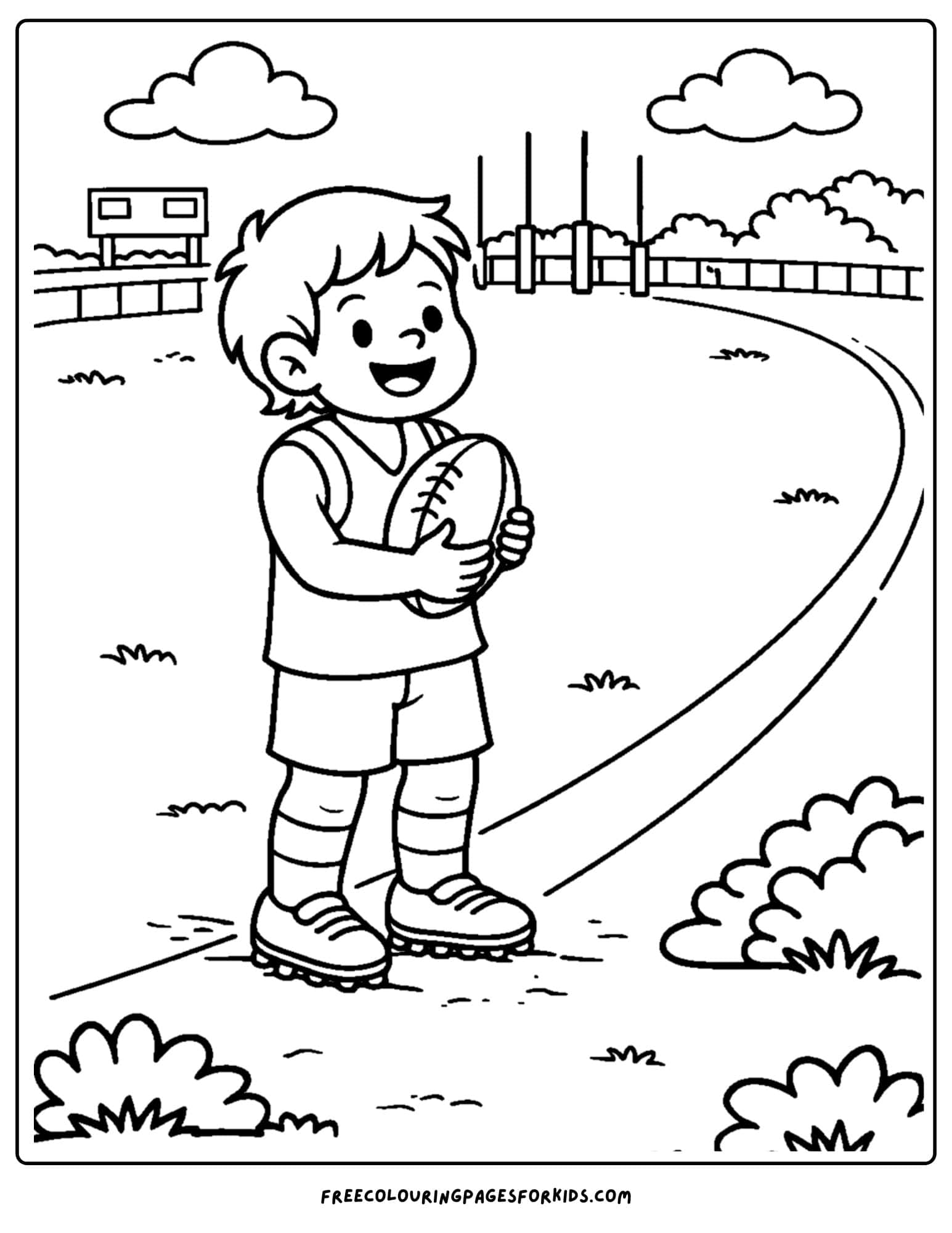 an afl football coloring page showing a player enjoying his first game of footy