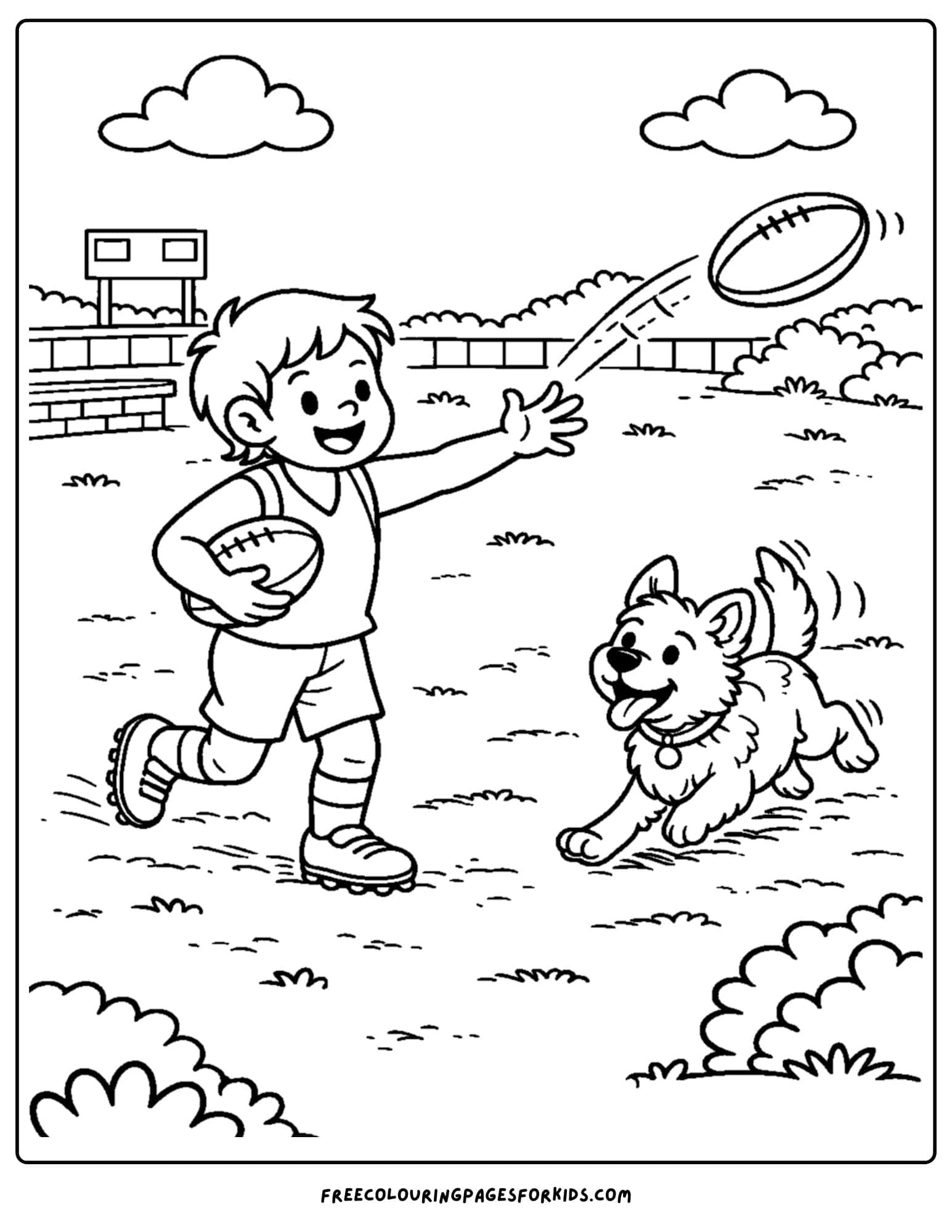 an afl football coloring page showing a child playing football with his dog
