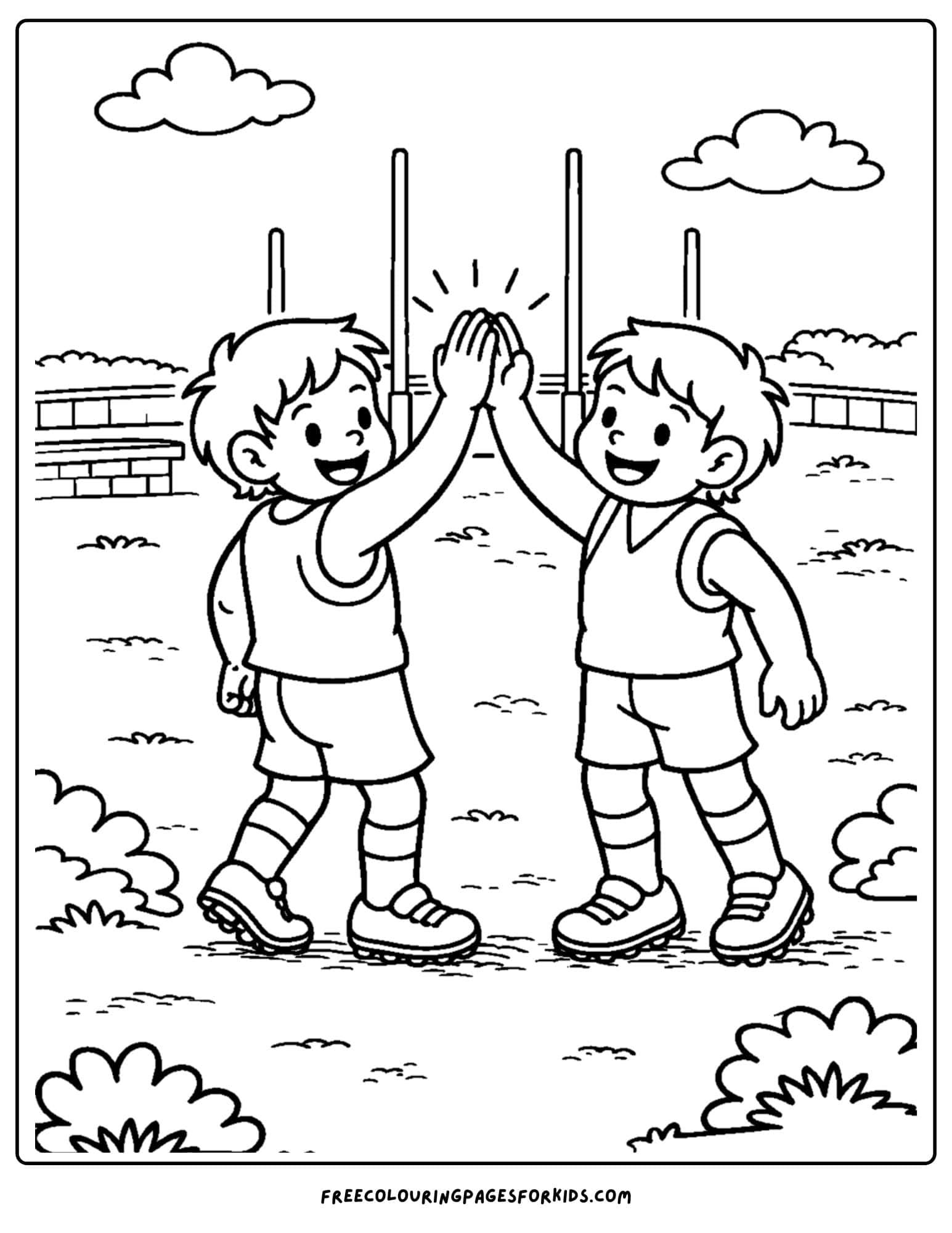an afl football coloring page showing players doing a hi five after kicking a goal