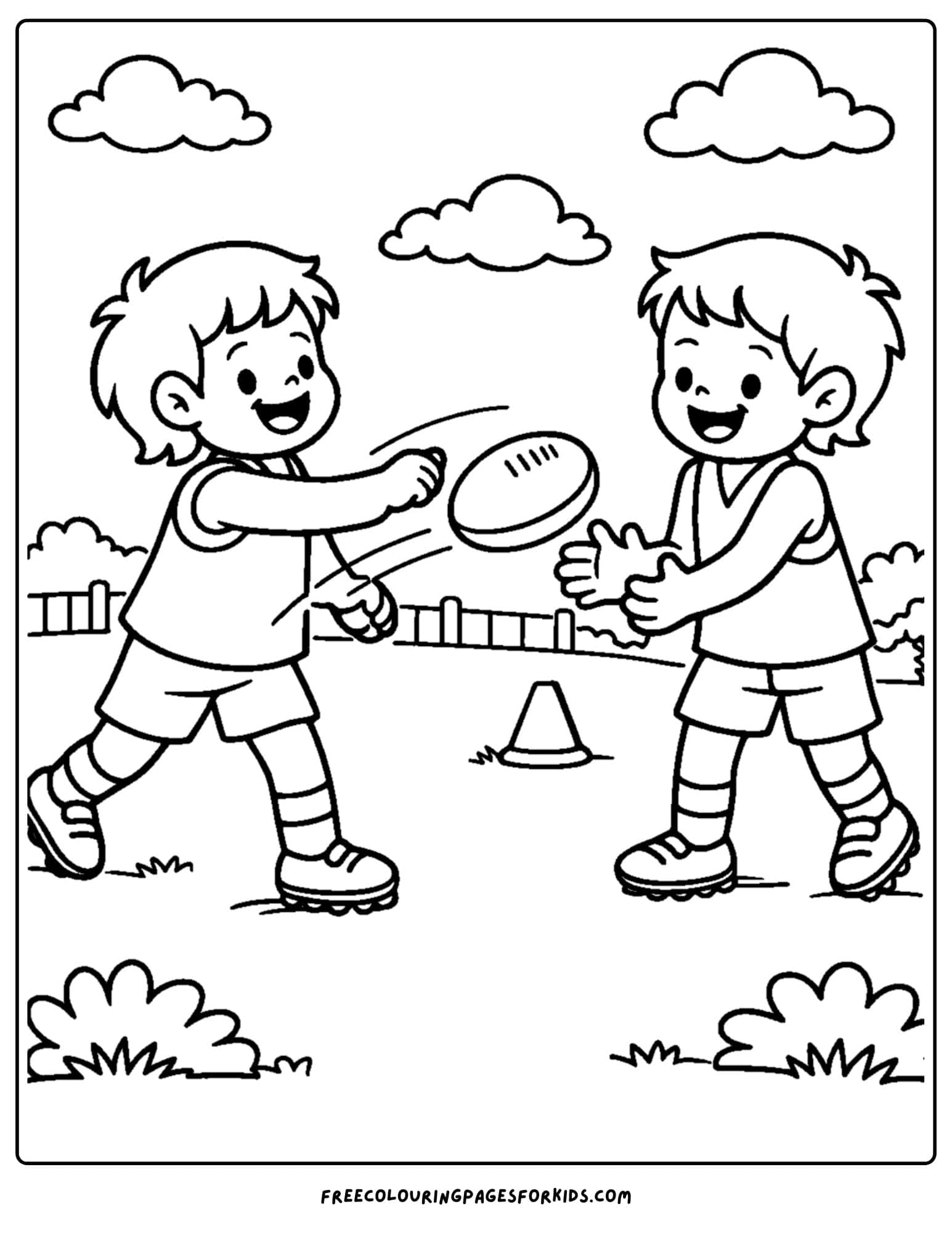 an afl football coloring page showing a player handball the football to another