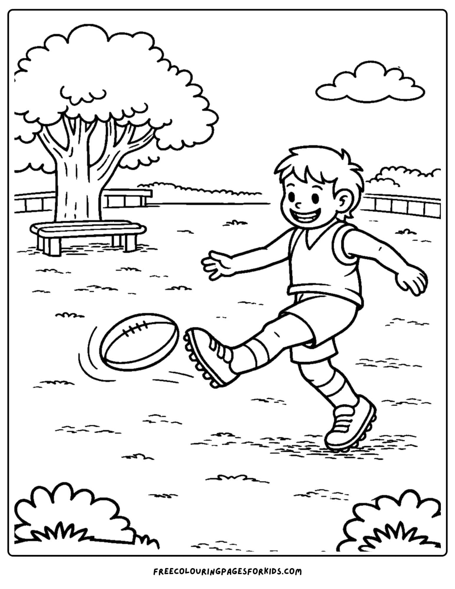 an afl football coloring page showing a child kicking the ball in the park