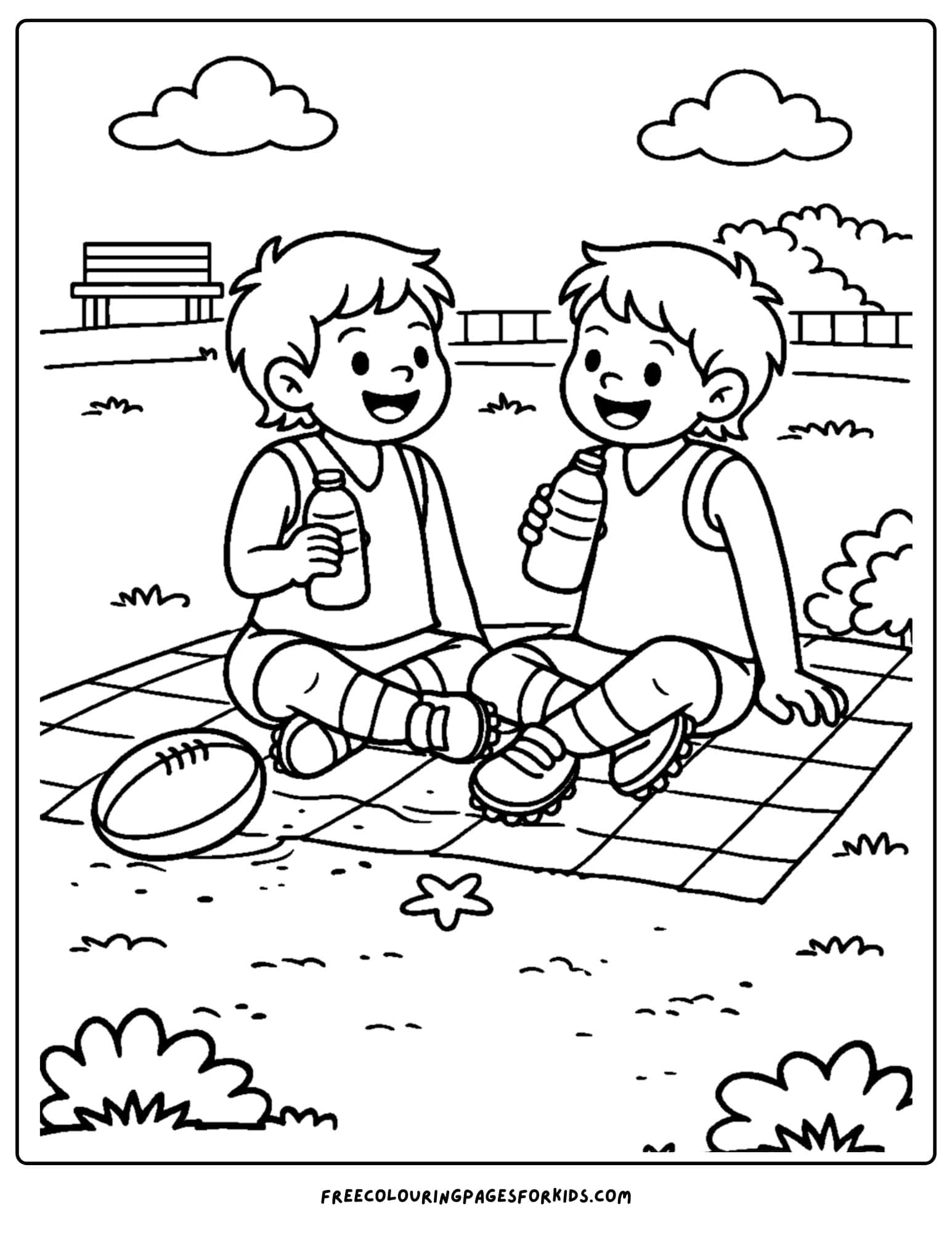 an afl football coloring page showing kids taking a picnic break from kicking the footy