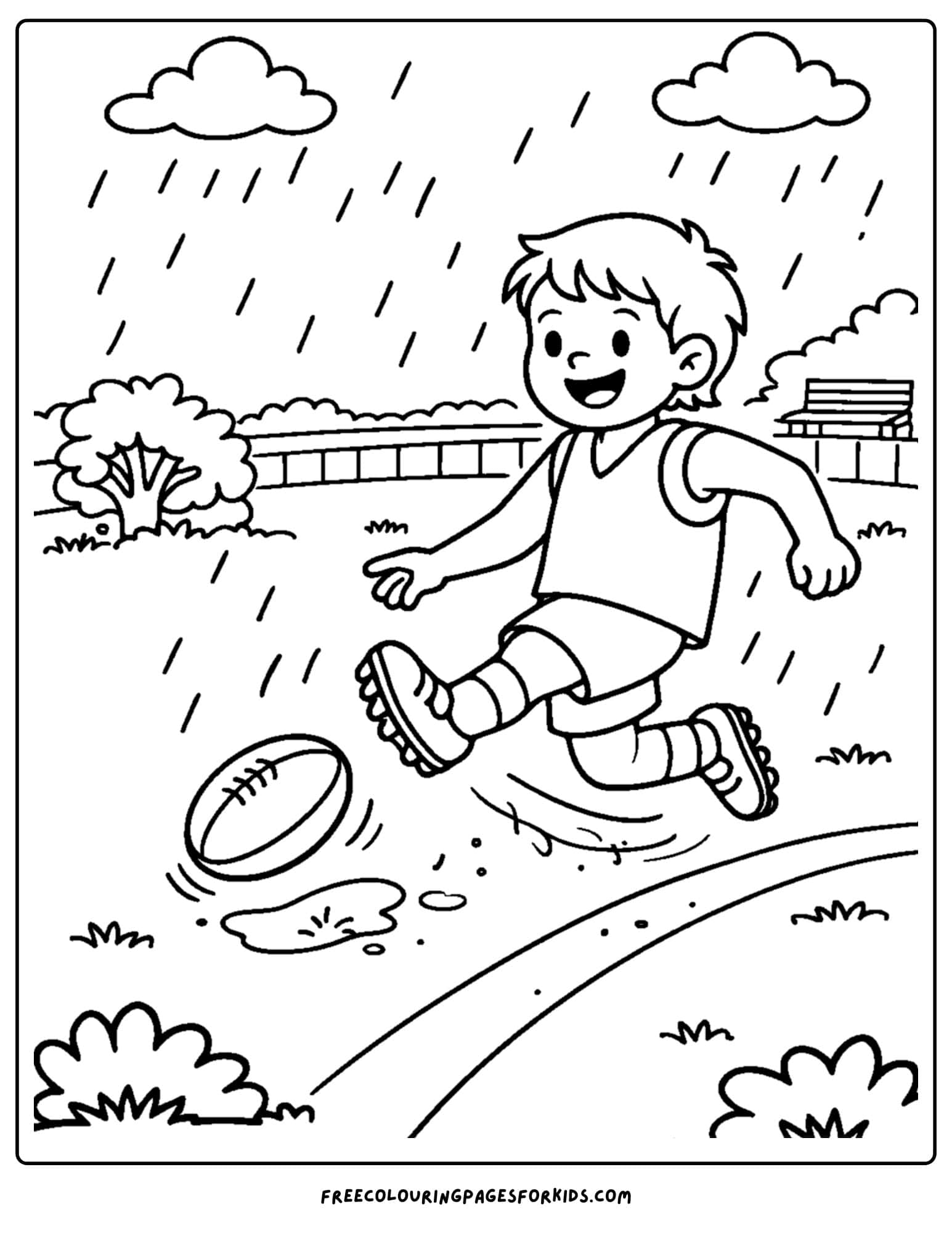 an afl football coloring page showing a payer playing football in the rain
