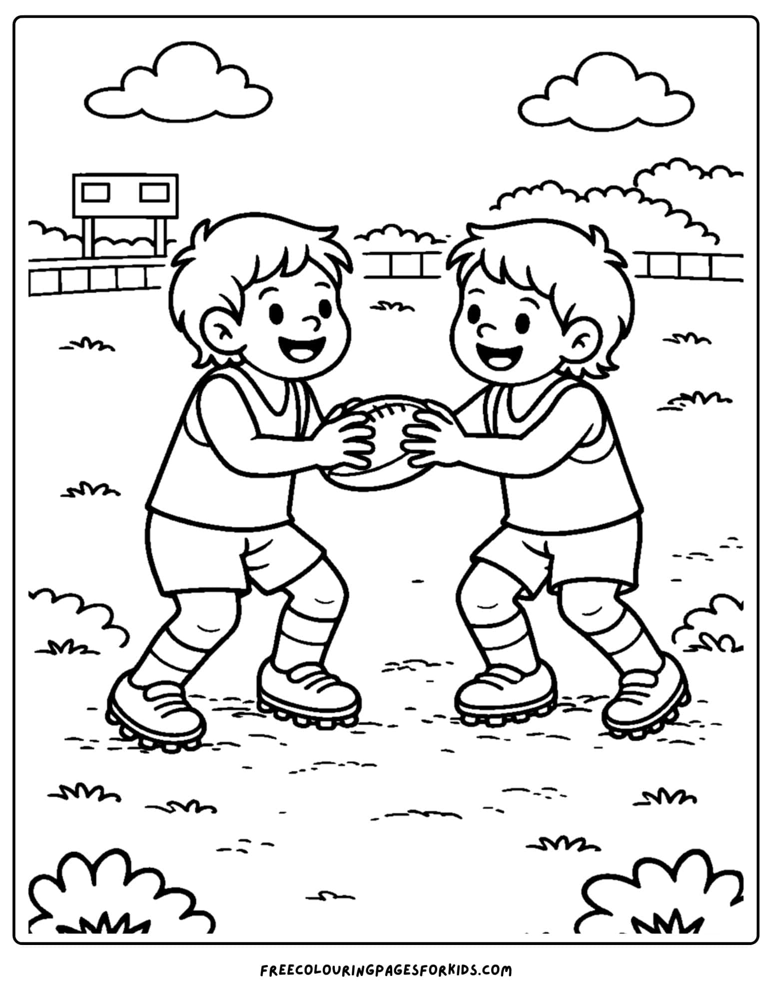 an afl football coloring page showing two siblings fighting to take the ball from each other