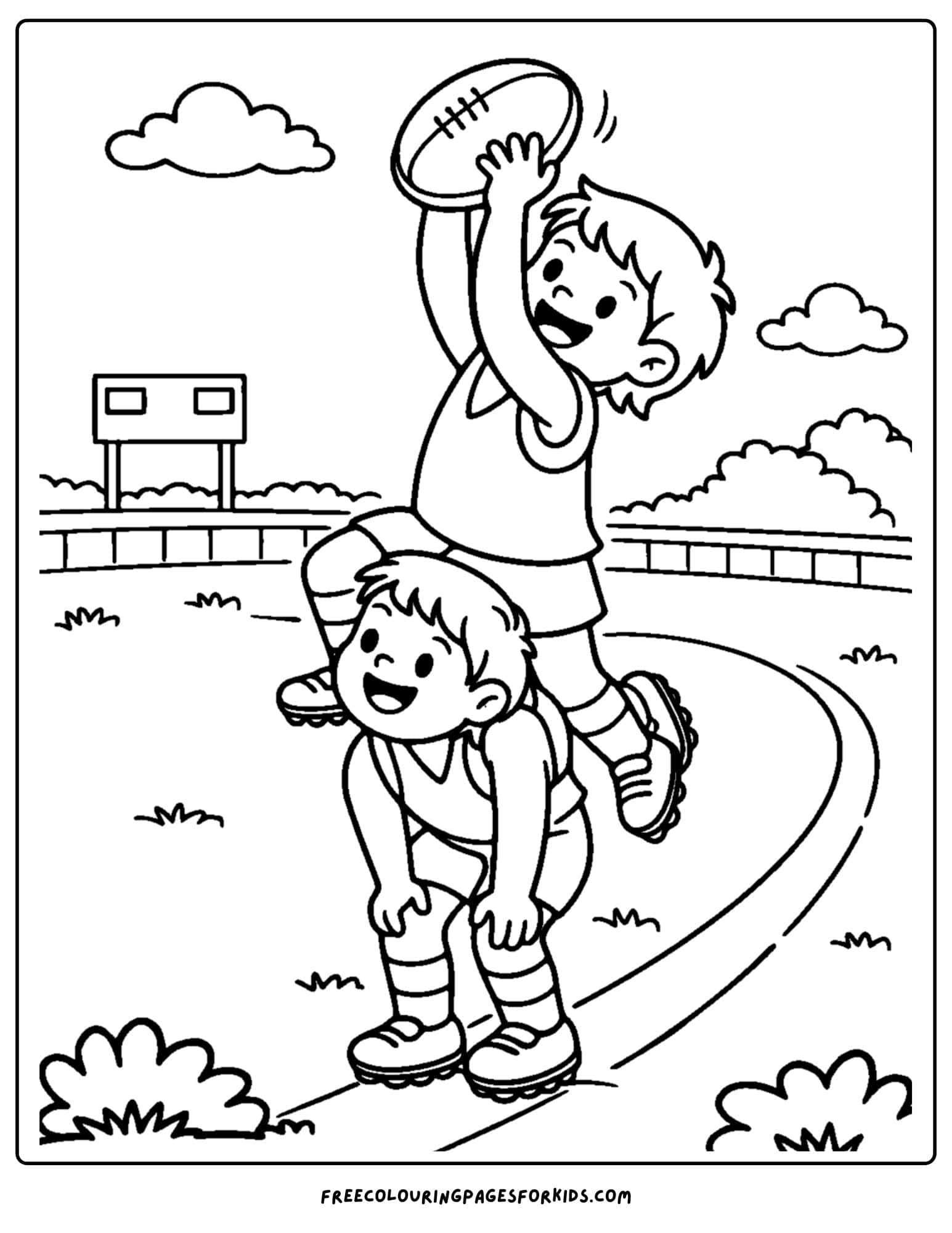 an afl football coloring page showing a player taking a specky mark over the top of another player