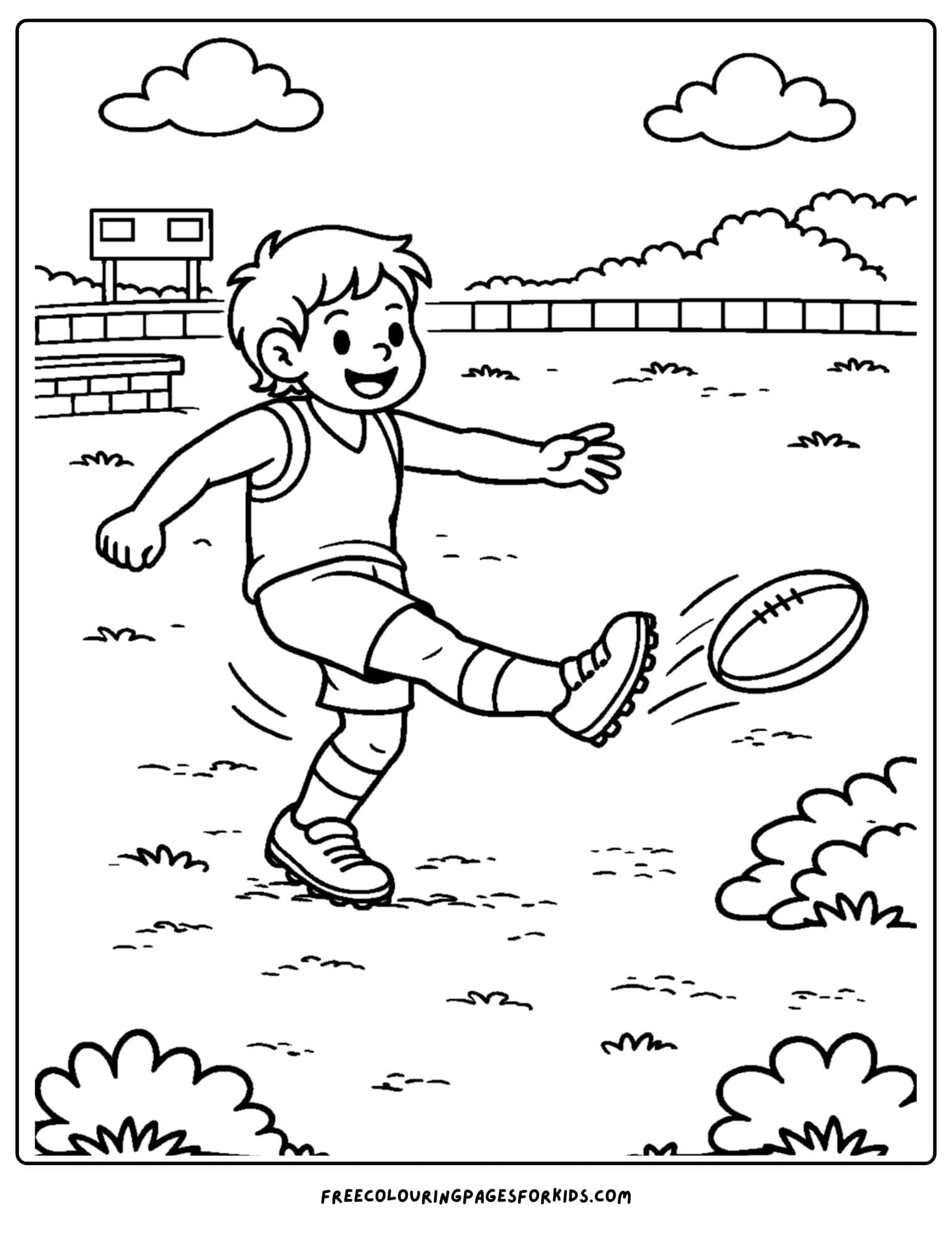 an afl football coloring page showing a player kicking the ball
