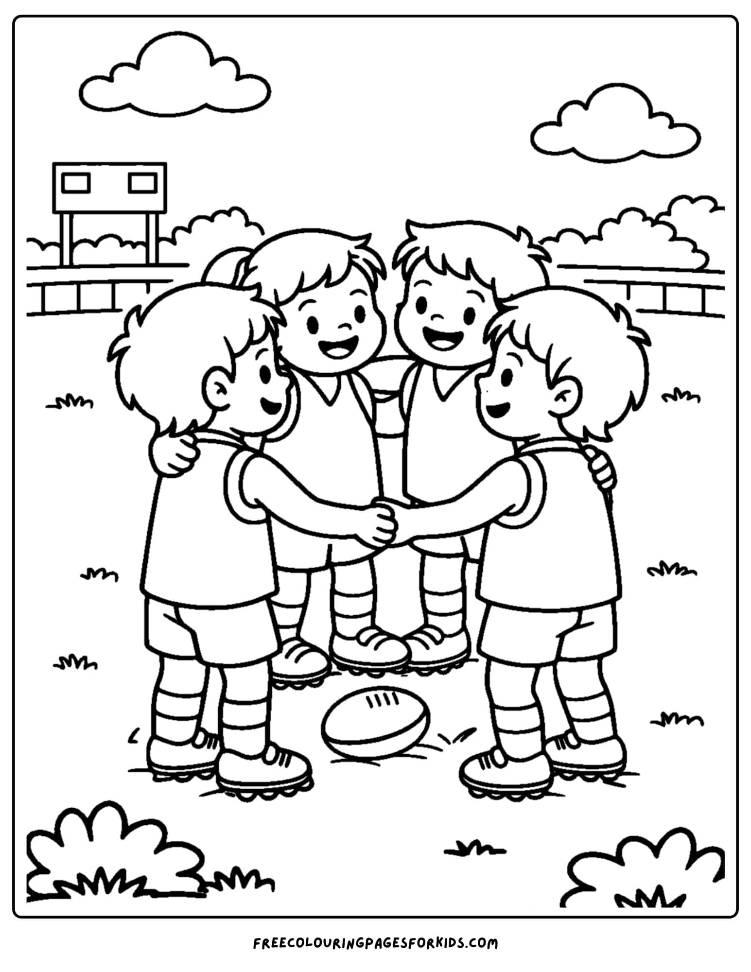 an afl football coloring page showing a team huddle before a big game