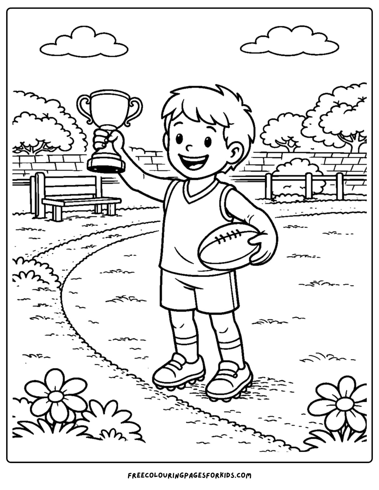 an afl football coloring page showing a boy holding a winners trophy in one hand and a ball under his other arm