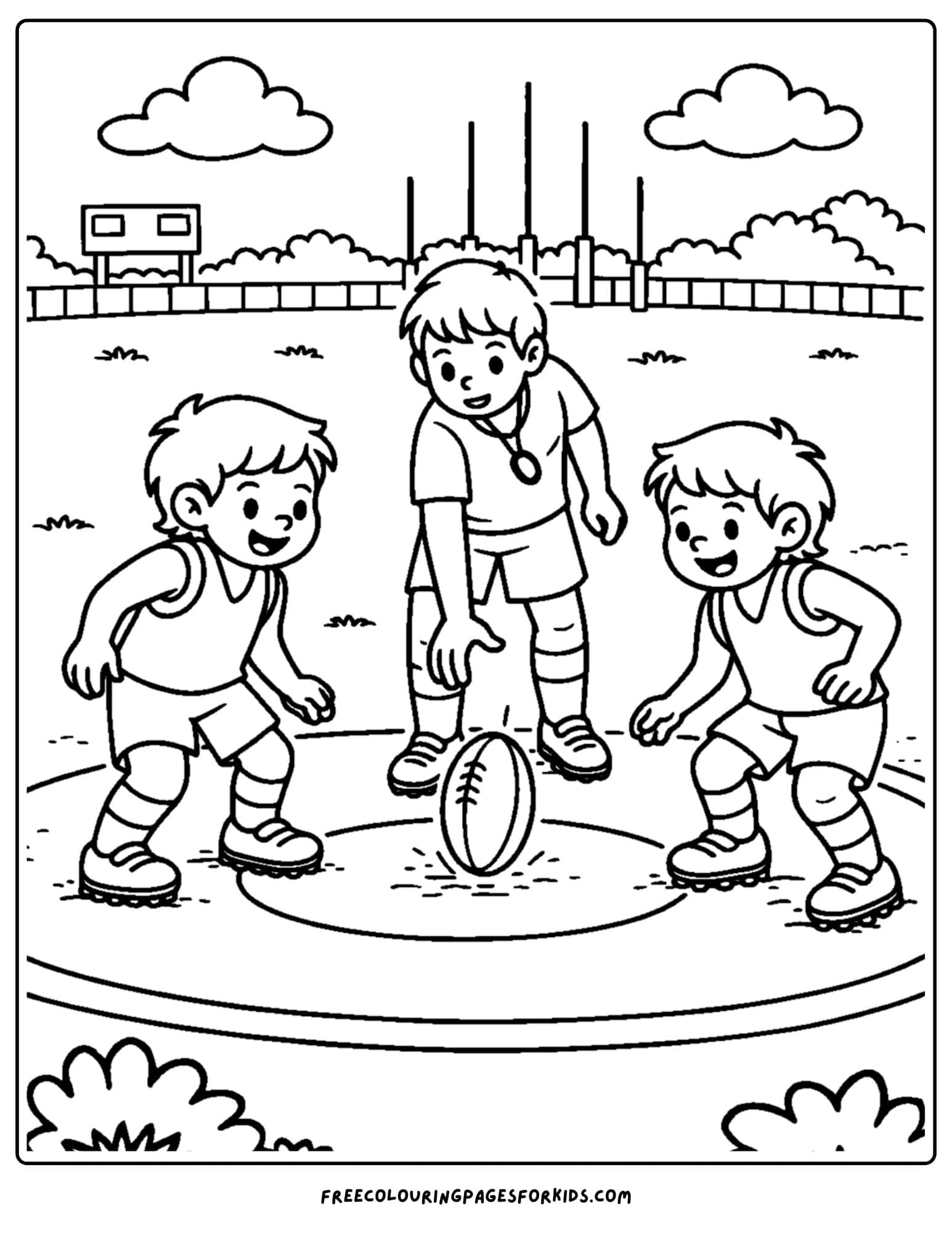 an afl football coloring page showing the start of a game where the umpire bounces the ball